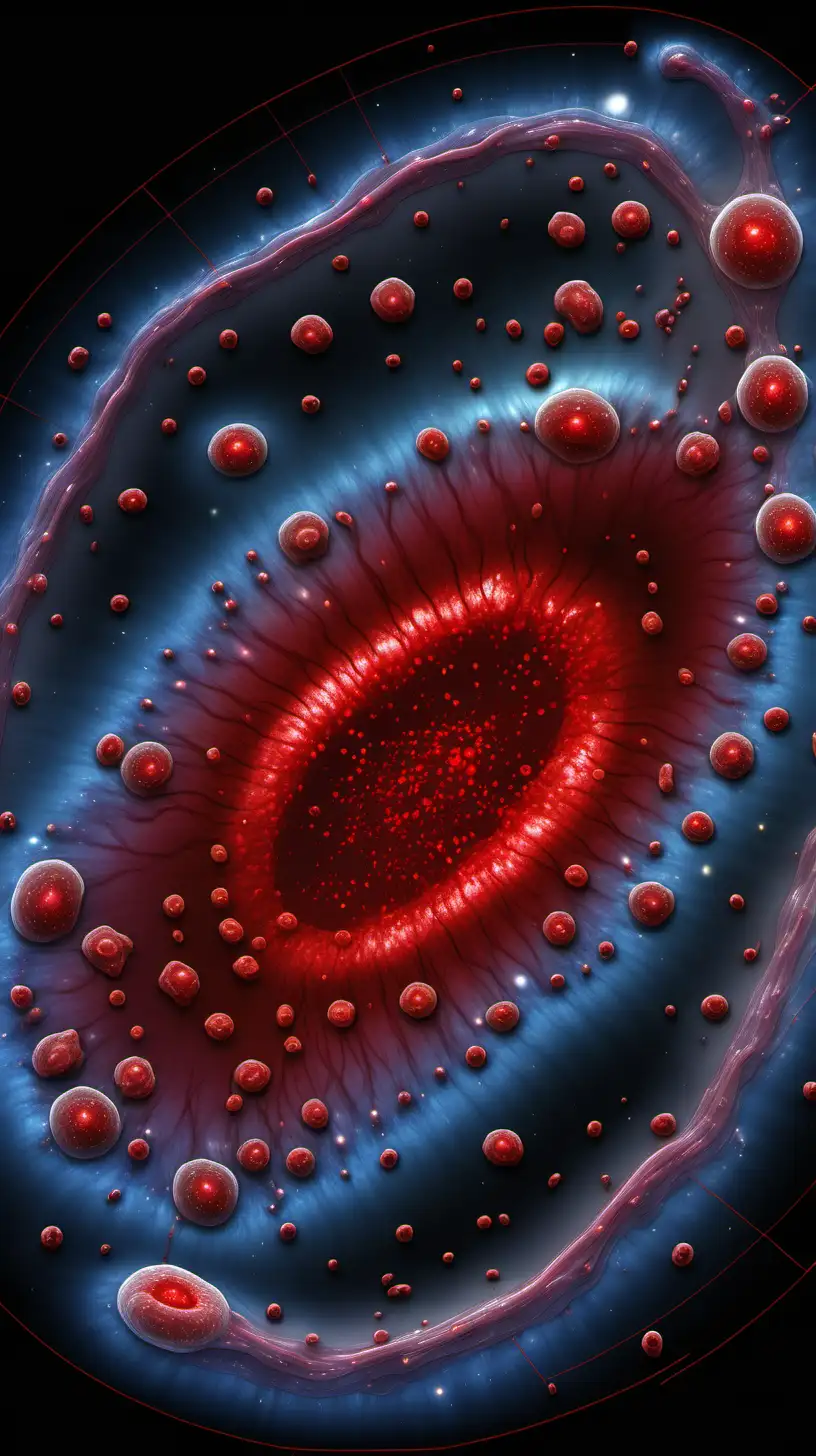 A very detailed diagram of a transparent galaxy like color of the human body with red blood cells flowing throughout the human body with a transparent galaxy color