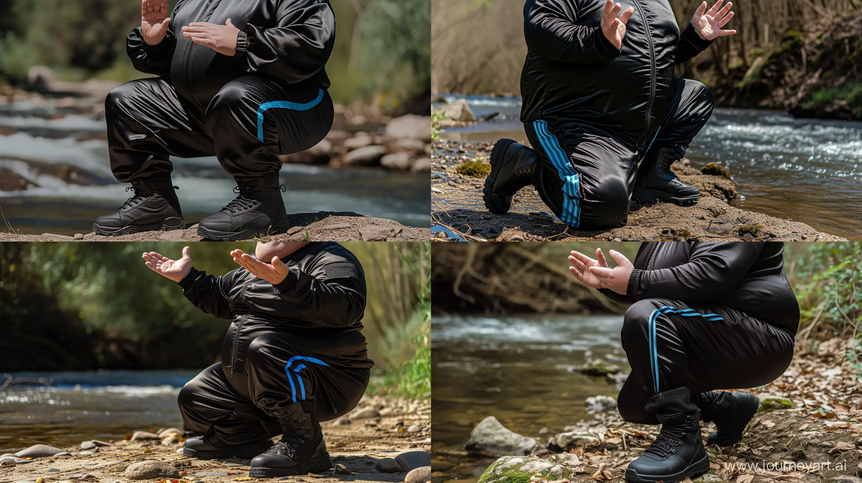 Front view close-up photo of a fat man aged 60 wearing a silk black tracksuit with a blue stripe on the pants kneeling with his hands up. Black Tactical Boots. Natural Light. River. --style raw --ar 16:9