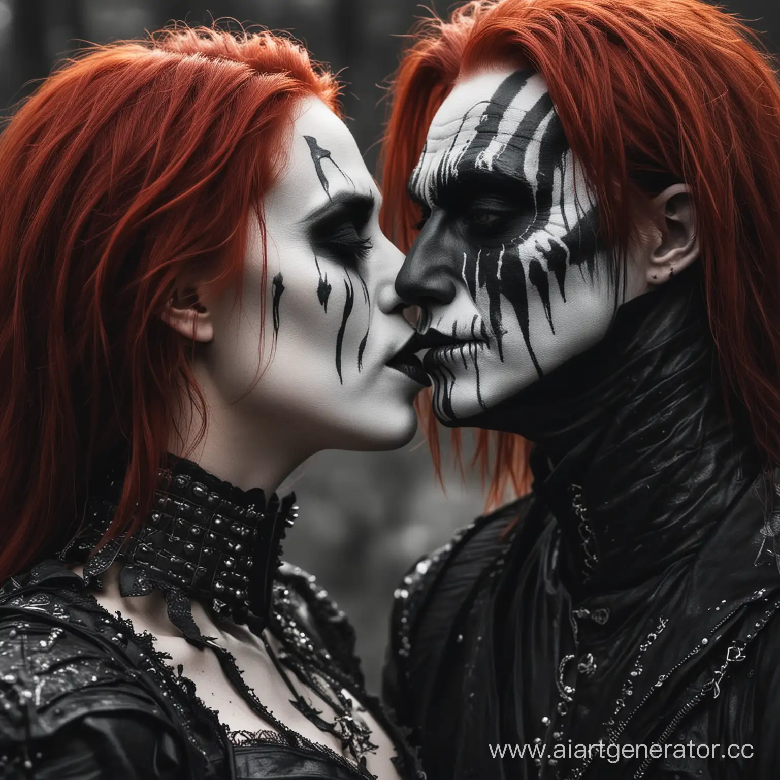 Metalist-in-Corpse-Paint-Kissing-RedHaired-Woman