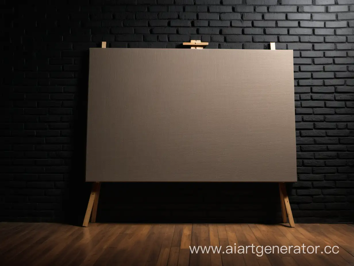 Side view of a rectangular horizontal canvas standing on the floor. Leaning against a dark brick wall in the room.