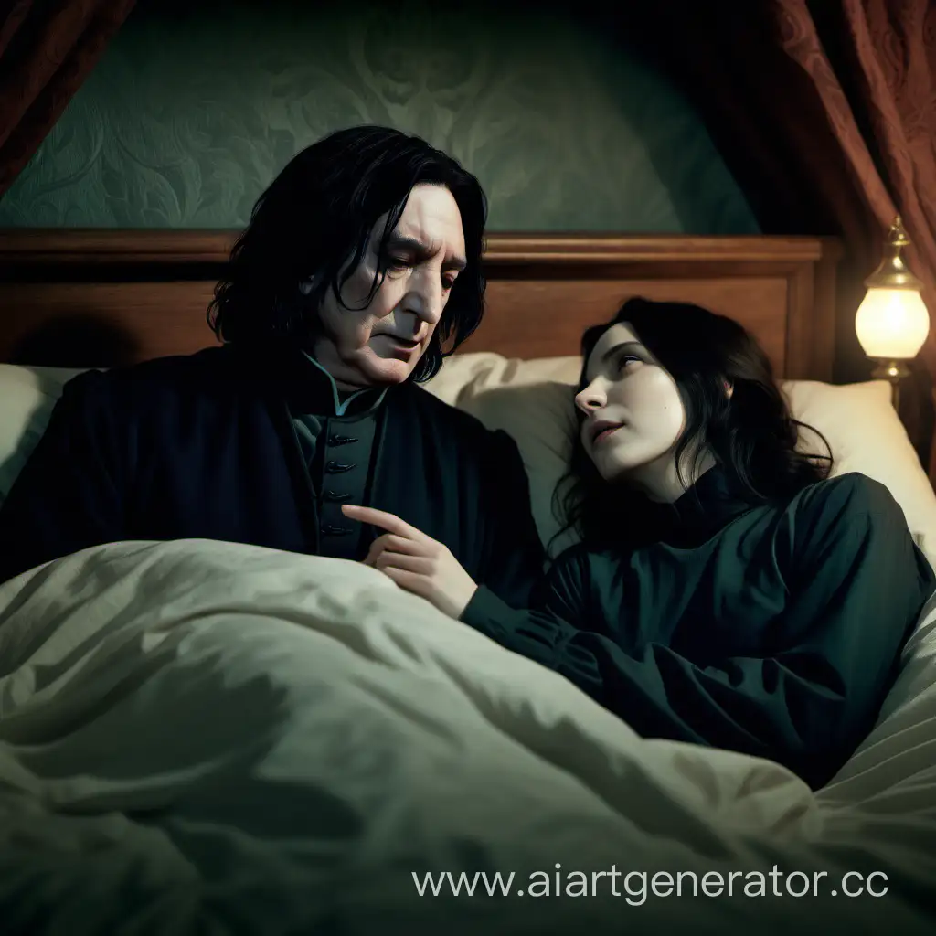 Северус Снейп и его девушка лежат в кровати и разговаривают пред сном, уютно, атмосферно