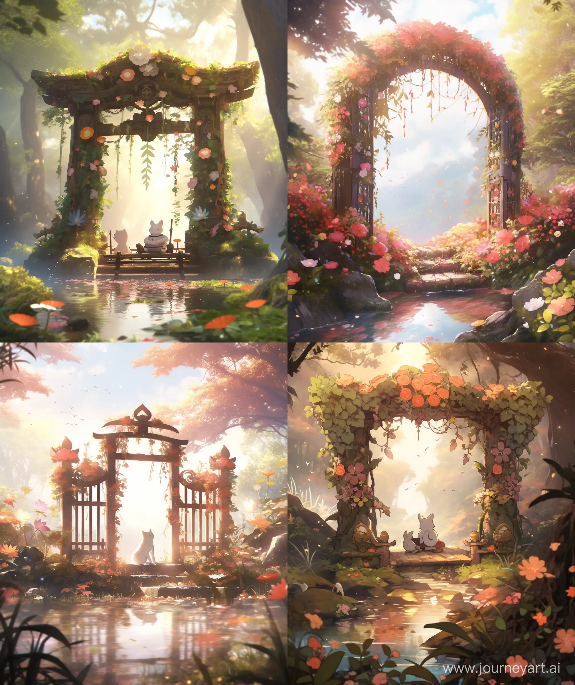 Enchanting-Anime-Scene-Torii-Gate-Amidst-Forest-Ruins-Blossoming-Flowers-Fairytale-Autumn-View-Lake-and-Boat-under-Glistening-Sunlight