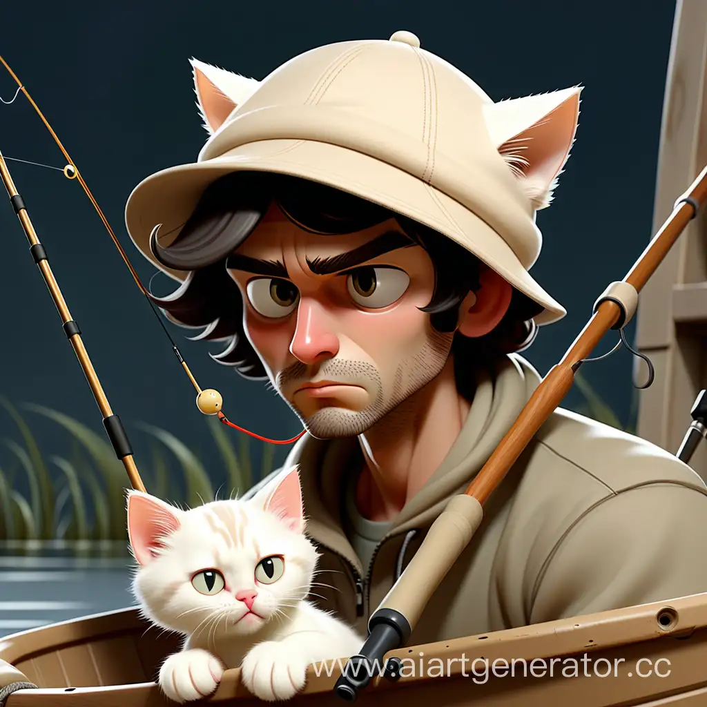 Serene-Fishing-Moment-with-White-Kitten-in-Beige-Hat