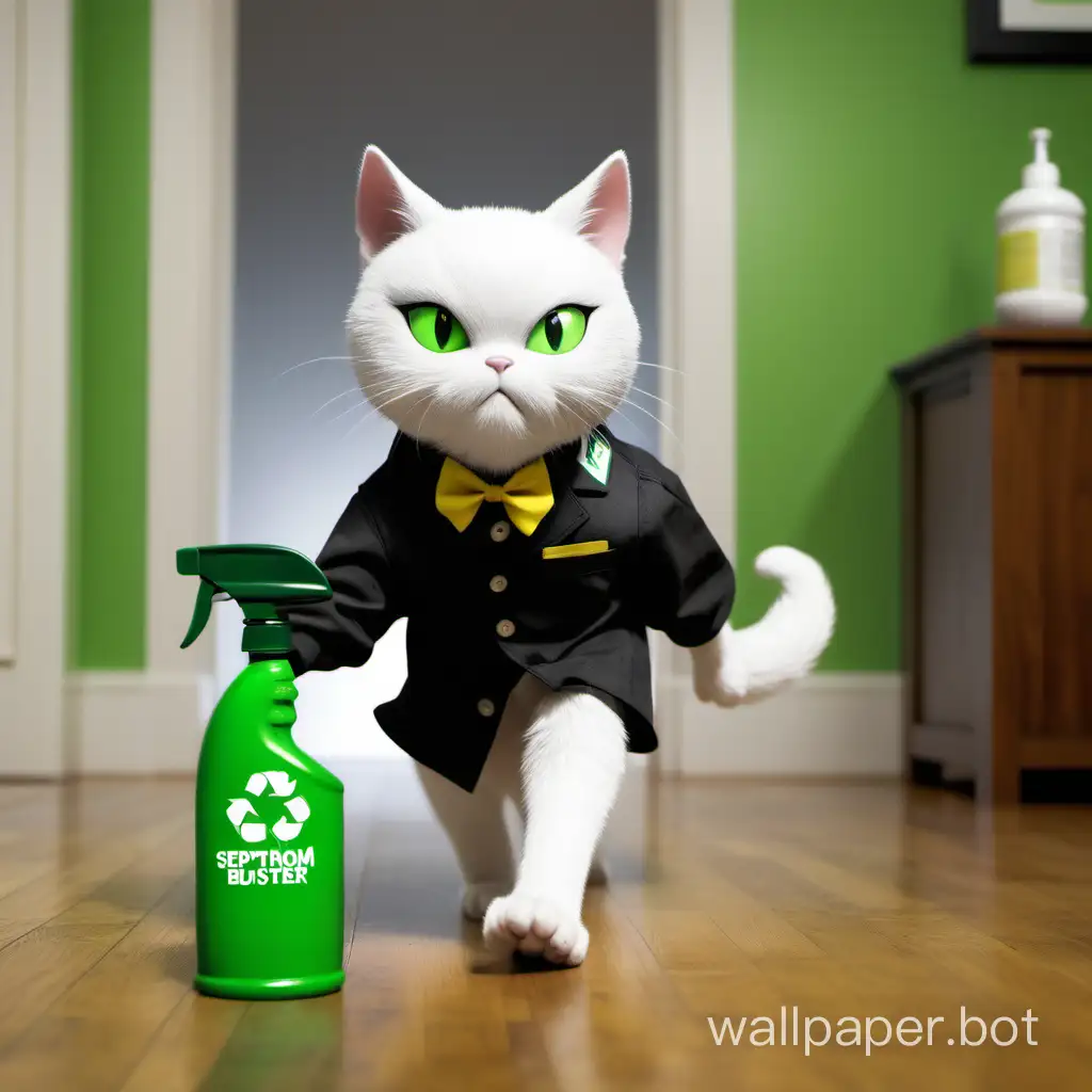 White Cat, Black Dog, dressed in Septohim attire, with the Trash Buster logo on the chest, walks through a beautiful room, leaving cleanliness behind, holding a green spray bottle with a yellow trigger.