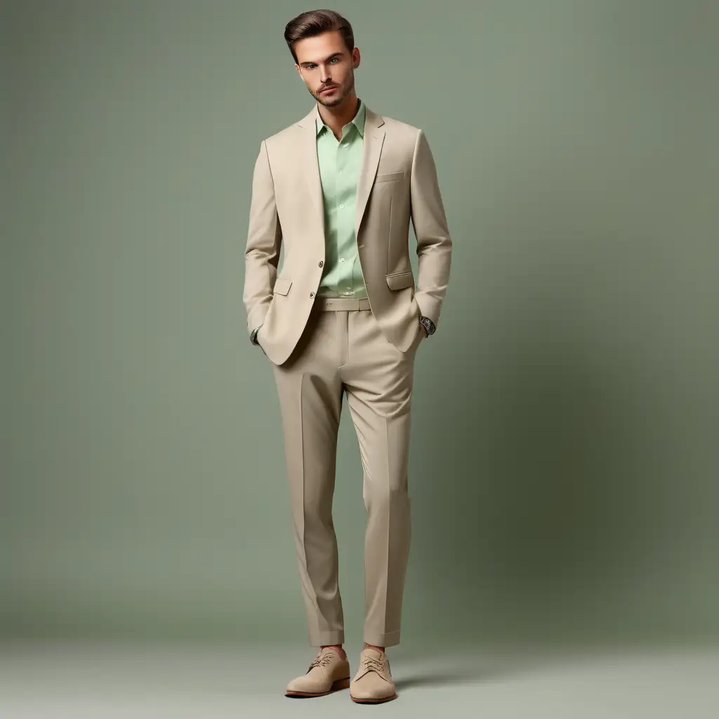 men wearing, beige relax fit suit, long sleeve soft light green shirt, beige shoes, full body, modern fashion  grey background