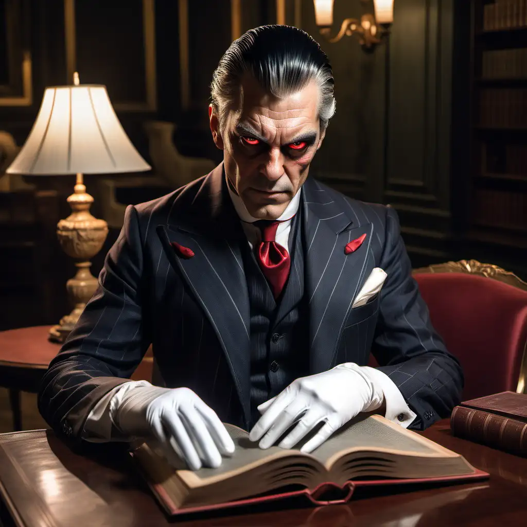 A male Lasombra, Primogen, sitting by a table, reading a book in a fancy room, wearing a suit, wearing white cotton gloves, 50 years old, comb-over hair, red eyes, realistic
