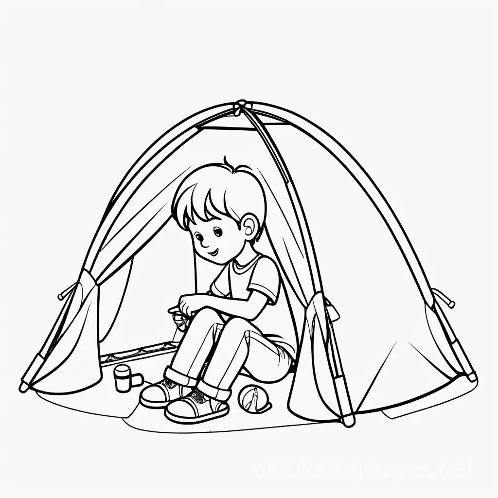 A boy making a tent, Coloring Page, black and white, line art, white background, Simplicity, Ample White Space. The background of the coloring page is plain white to make it easy for young children to color within the lines. The outlines of all the subjects are easy to distinguish, making it simple for kids to color without too much difficulty