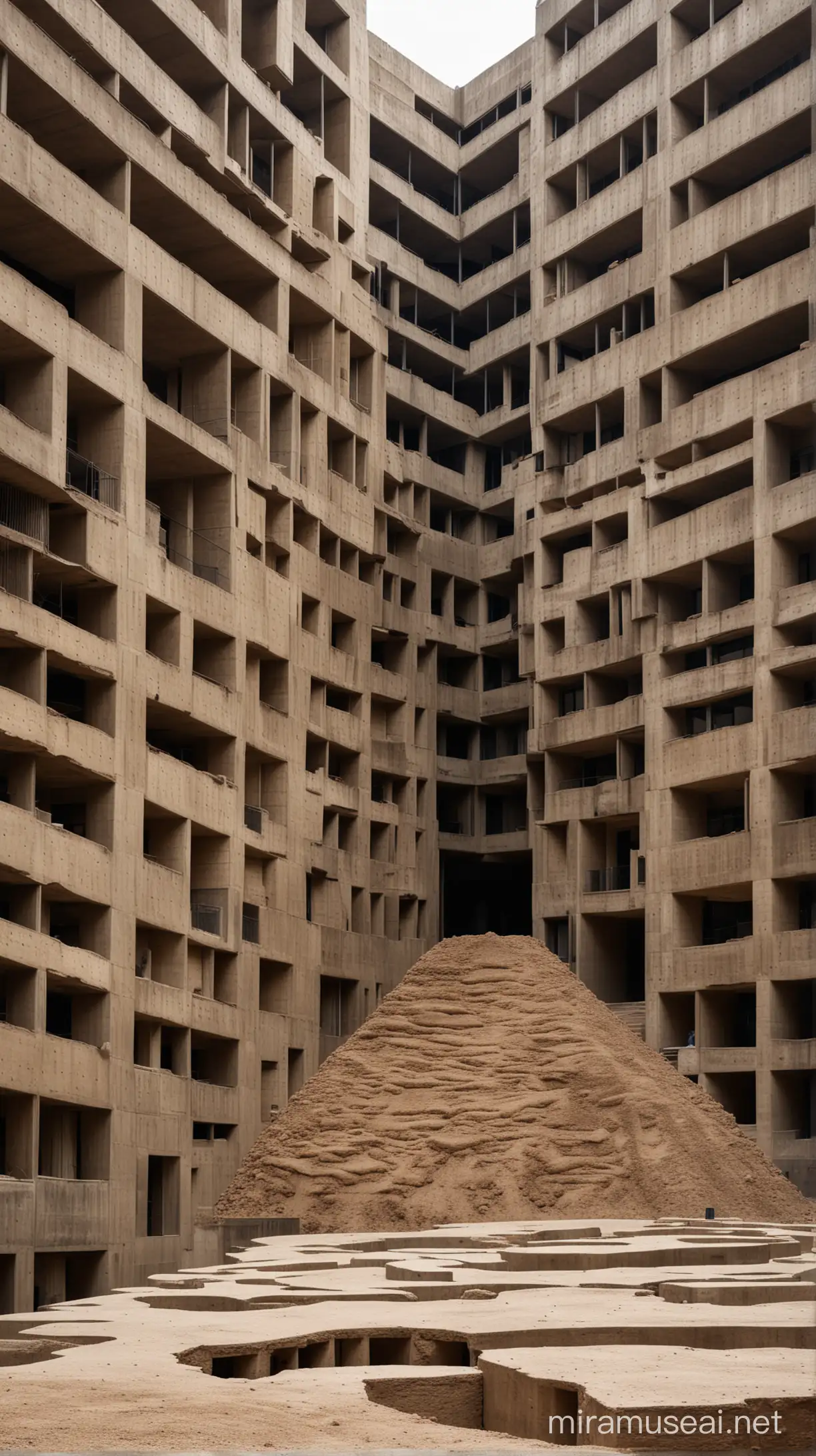abstract shape, unstructured, massive building, open air, concrete, rammed earth, cast concrete, dirt, black concrete surrounding, brooding, hovering, no people, building, multi-story, structure, wabi sabi Maintain a 6:19 aspect ratio.