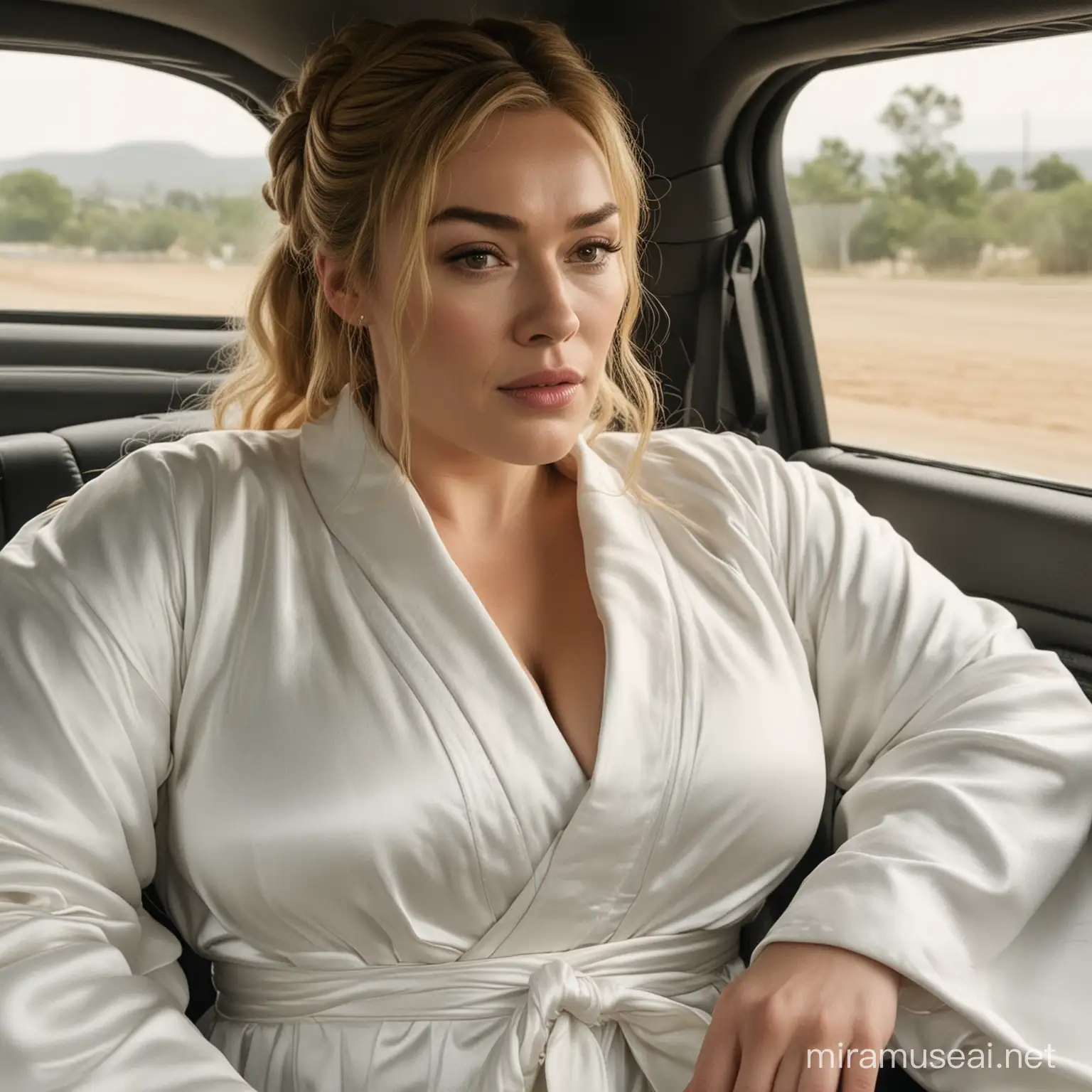 cersei lannister in a white silk robe, hair in pigtails, in the back seat of a car, bbw, giant breast, massive cleavage