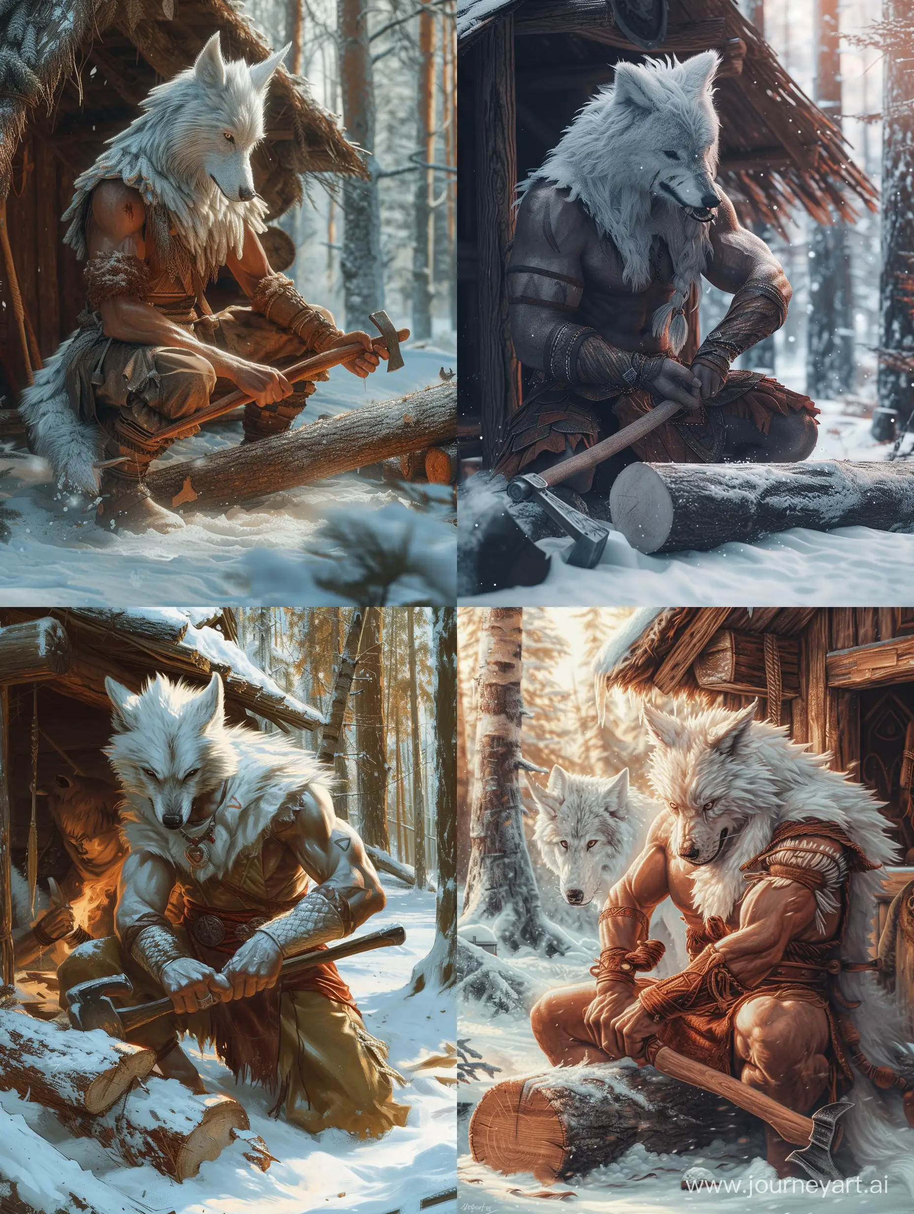 A warrior with wolf's head and human body,The leader of the wolves,white wolf,empty hands,in snowy forest,Next to the wooden hut, he is chopping a log with an ax,Detailed clothing.incredible detail,warm light.