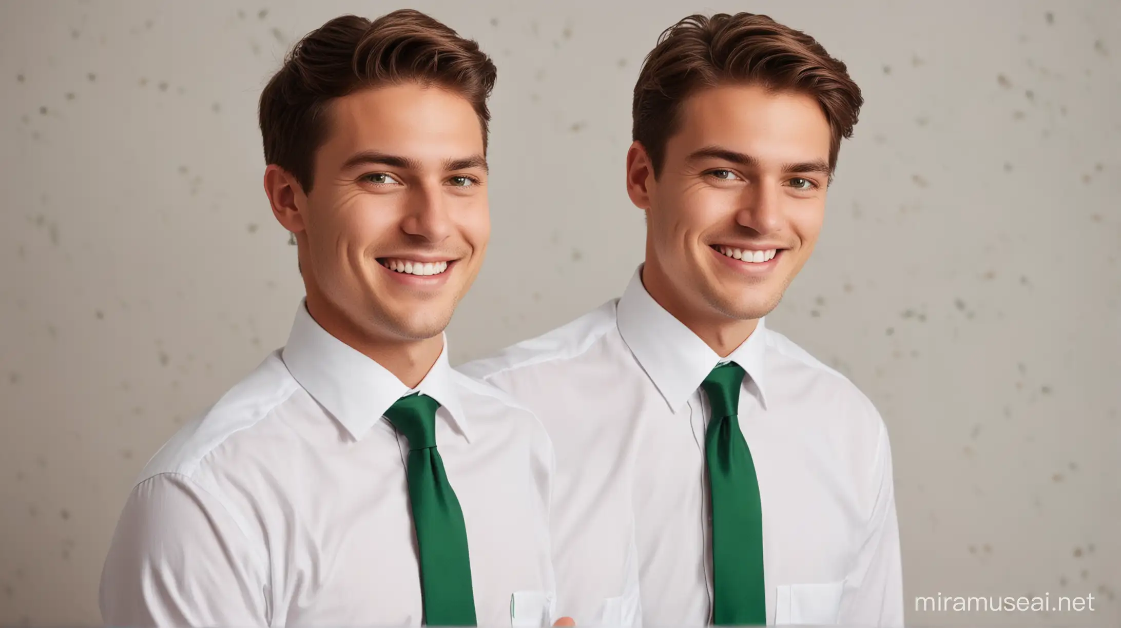 two young men wearing crisp white dress shirts and green ties, one stood behind the other giving a shoulder massage, smiling lovingly at each other