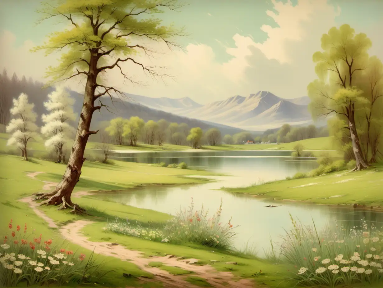 Scenic Vintage Landscape Tranquil Spring Meadow with a Serene Lake