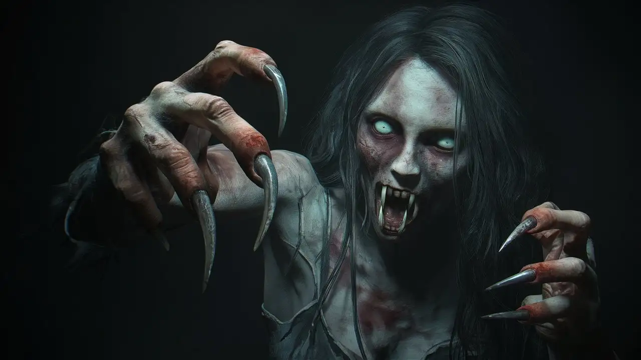 
A hauntingly realistic scene of a nightmarish hungry zombie woman with clawed hands, her mouth agape, revealing a frightening display of pointed teeth resembling predatory fangs. She appears to be lurching towards you with long, pointed nails that are almost grotesquely reminiscent of beast claws. The woman's pale, rotting skin seems to glow in the darkness, accentuating her unnatural, zombie-like appearance. The surrounding environment is shrouded in darkness