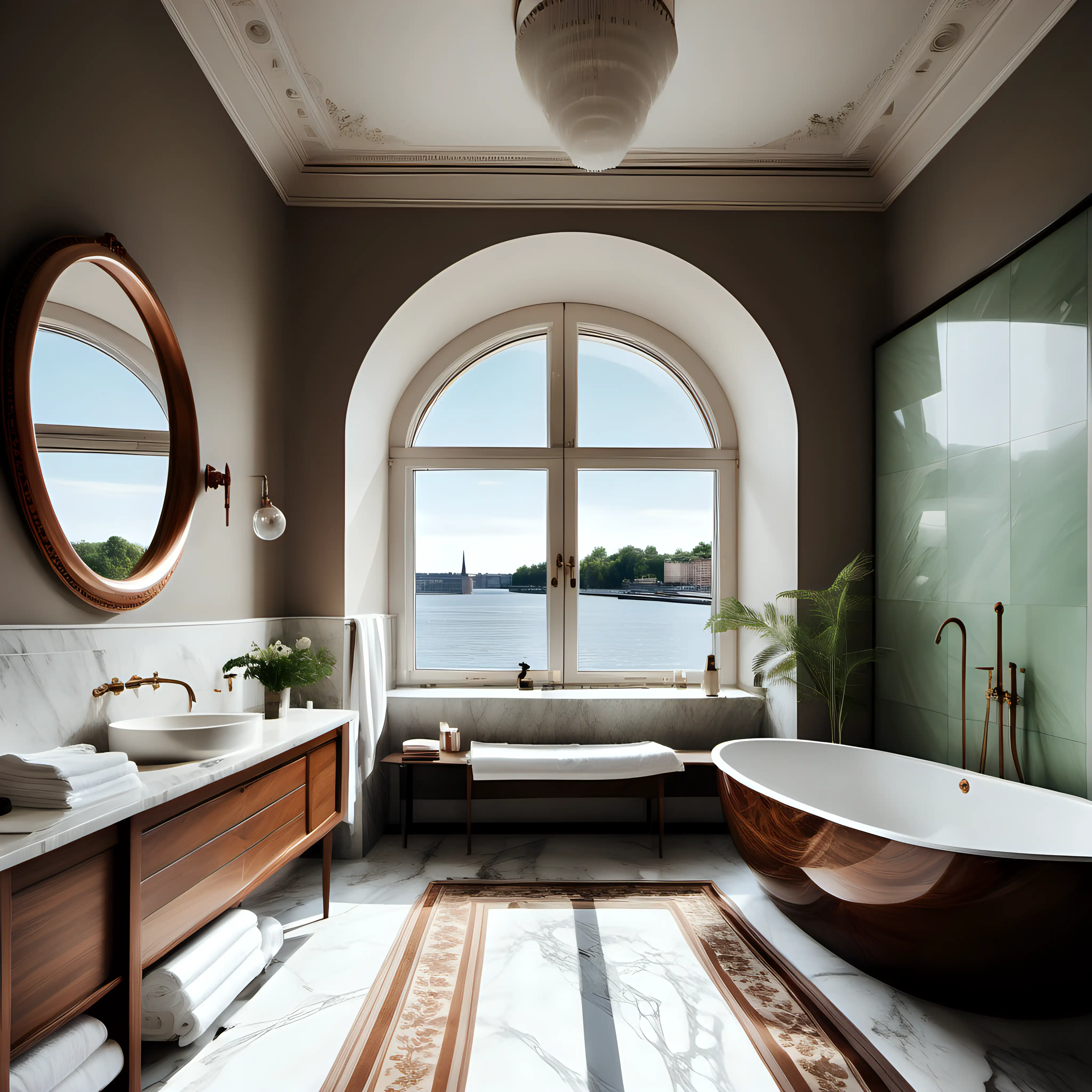 a large luxurious bathroom in a huge turn-of-the-century apartment in Stockholm, a large window where you look out over the water on the beach road. the bathroom should be in Scandinavian style with the colors beige, brown, marble, a little green, walnut. A large round bathtub in the middle, luxurious fluffy towels