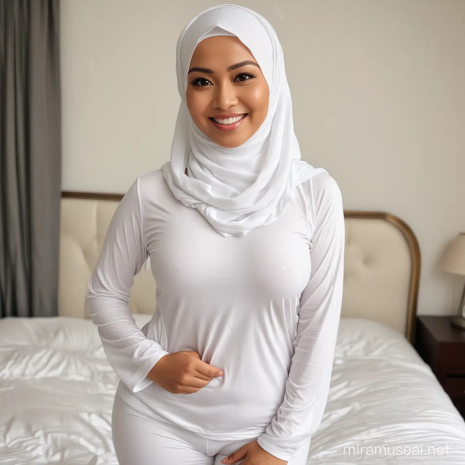 Malaysian Malay lady, aged 39, has very nice body shape, show off her big breast, wearing white tight pyjamas and hijab, smiling. Posing and look directly to the camera. Show full body image. 