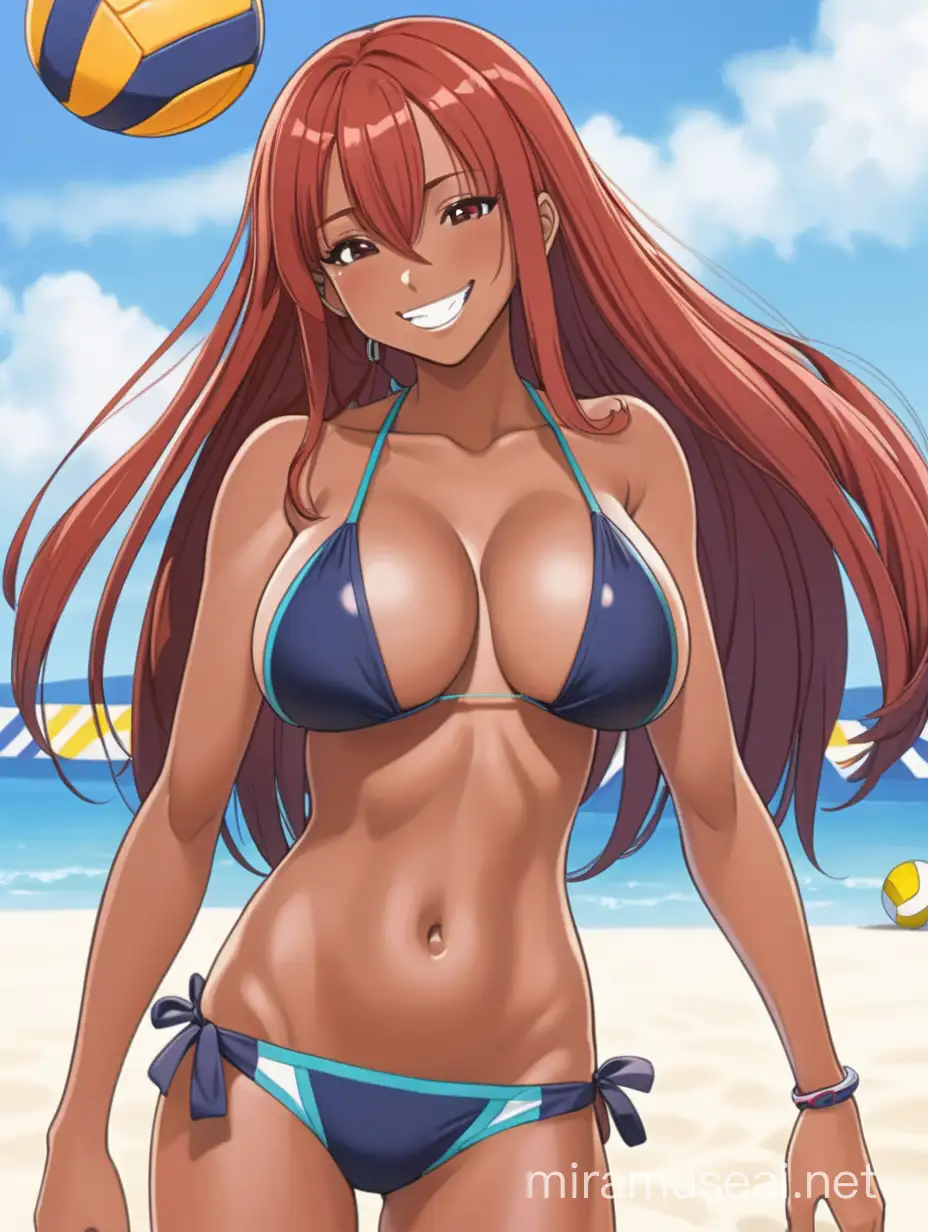 Anime style - young, red-headed, dark-skinned, long-haired woman with large breasts, wearing a bikini, playing beach volleyball, smiling