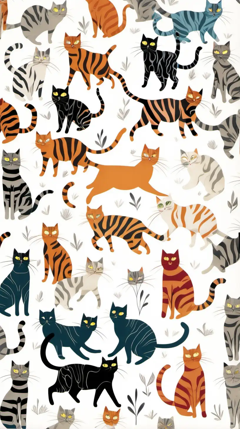 A playful scene of adorable cats with various patterns frolicking against a pristine white backdrop.
