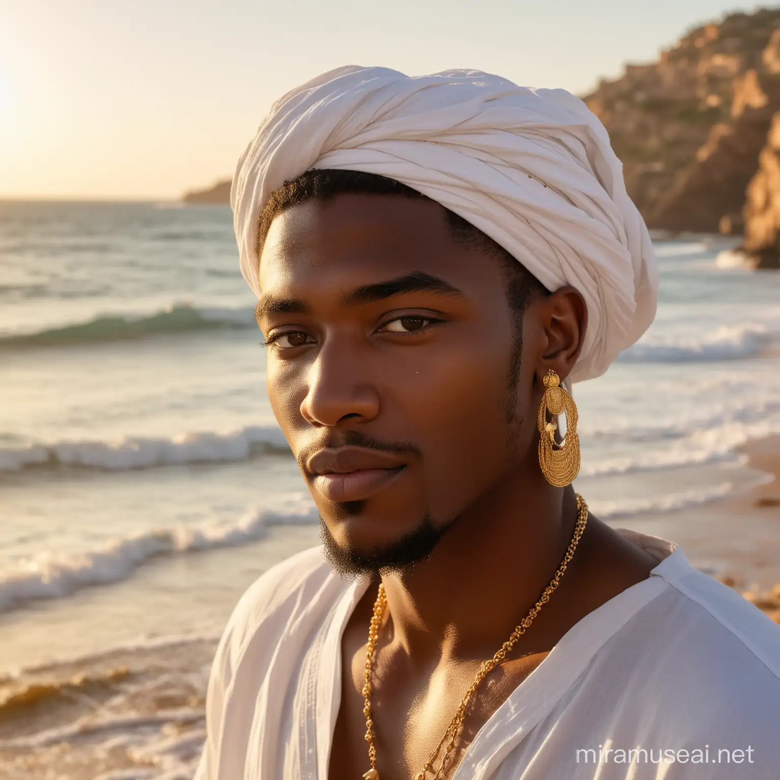 Young ancient Black Israelite about 20 years old who in a warm environment with sun shinning and ocean near him.the environment is vibrant and he is wearing all white with gold earrings 