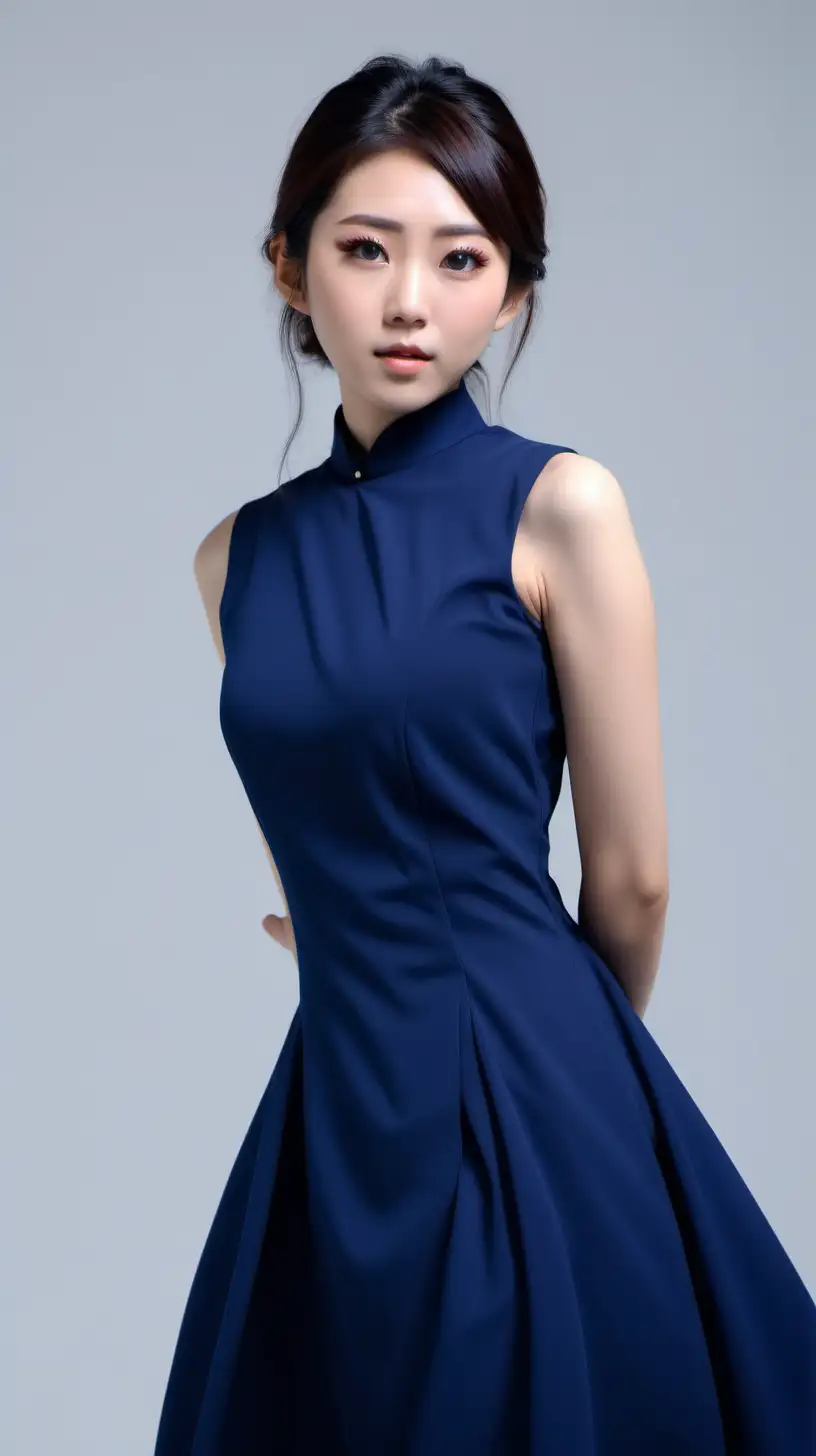 日本感模特女生，穿深蓝色精致礼服，4k高清，浅色背景，半身图, 正面，不同样子，