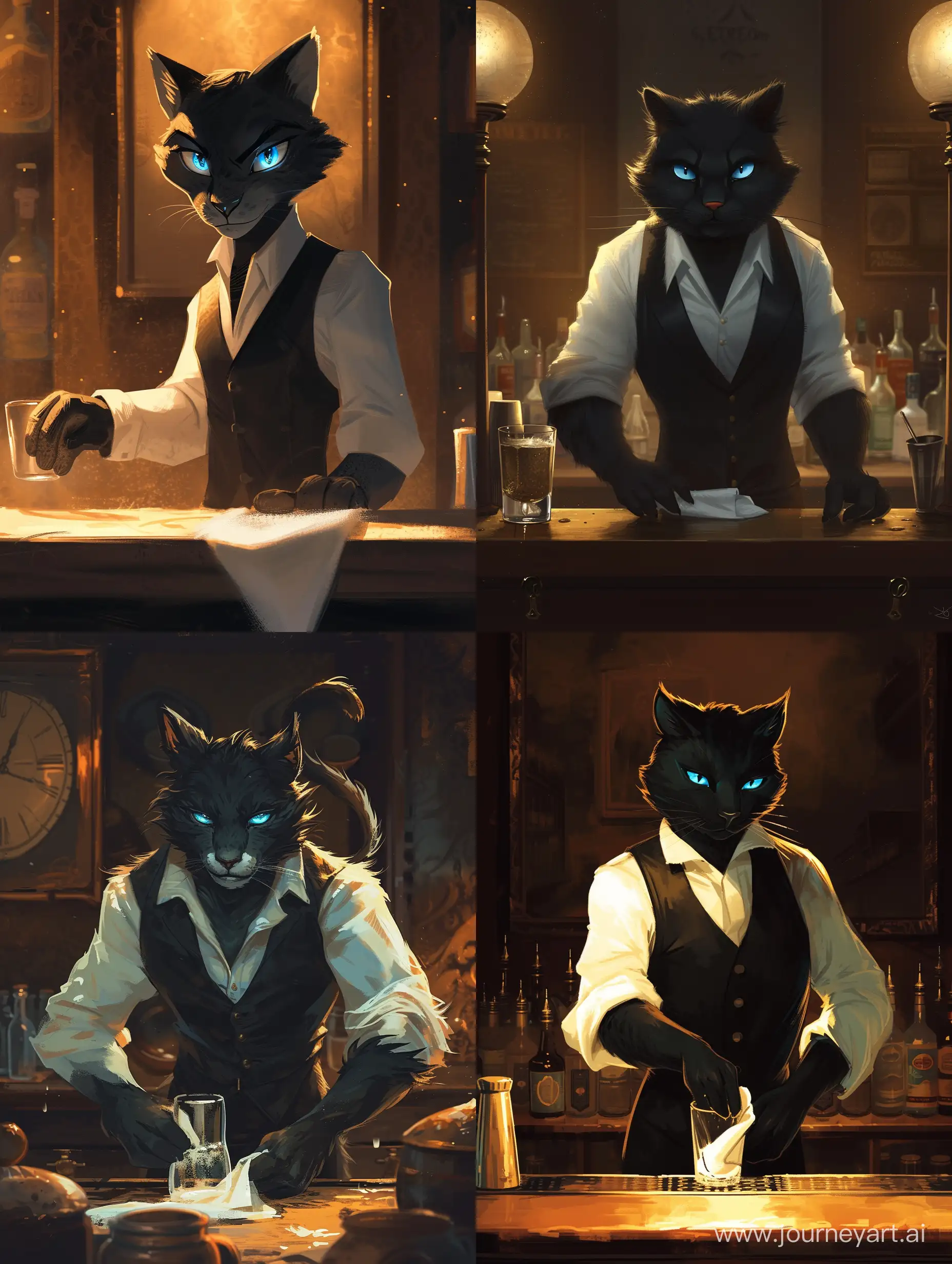 style: an old cartoon illustration; the hero: an anthropomorphic furry slim black cat with bright blue eyes, he is a bartender in a white shirt and black vest, serious, he wipes the glass with a cloth; he stands behind the bar, the environment is dark and ranged light,