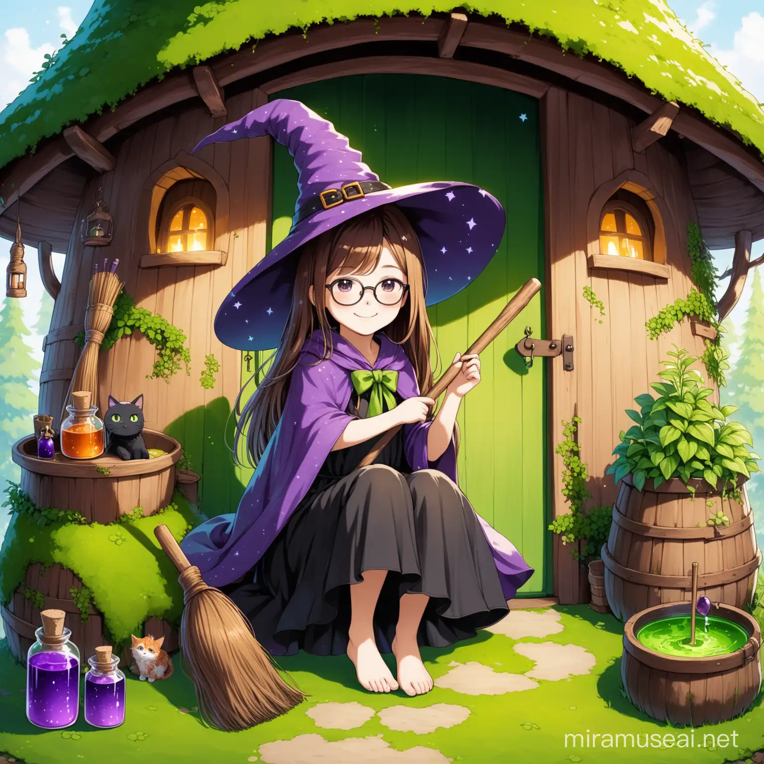 11 year old girl, purple witches hat, long green cloak, long brown flowy hair, good witches hut, herbs, green top, black skirt, bare foot, moss, potions, smiling, holding a broom, black glasses, rag doll cat at her feet, 