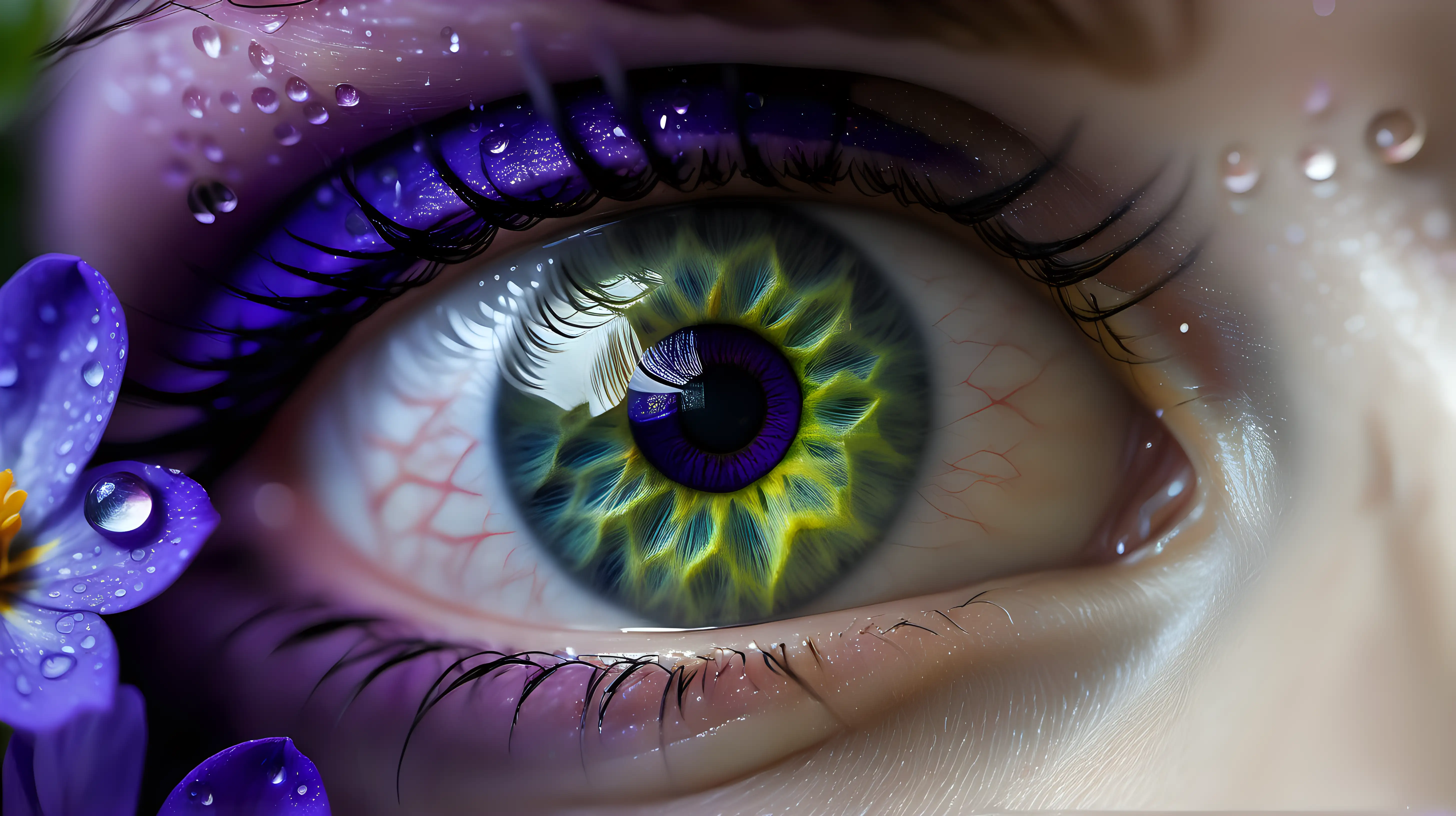 /imagine prompt: A macro photograph of a green eye, flecked with golden hues, amidst a blooming garden of violet and indigo flowers, with gentle raindrops visible on the eyelashes. Created Using: Vivid color contrasts, hyper-realistic textures, serene expression, nature-inspired hues, clear focus on the eye, blurred floral background, reflective water droplets, tranquil atmosphere --ar 3:4 --v 6.0