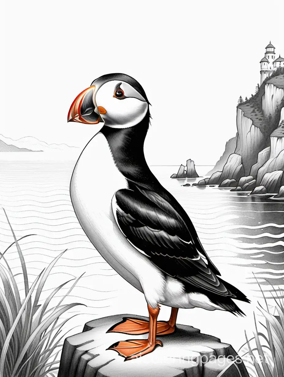 A puffin  in the style of Thomas Moran, Coloring Page, black and white, line art, white background, Simplicity, Ample White Space. The background of the coloring page is plain white to make it easy for young children to color within the lines. The outlines of all the subjects are easy to distinguish, making it simple for kids to color without too much difficulty