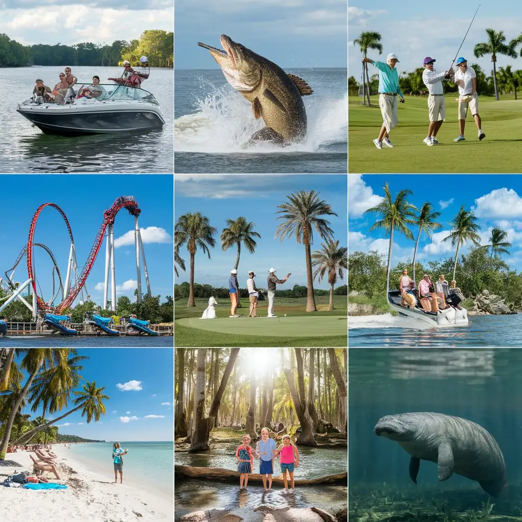 create images containing boating, fishing, golfing, theme parks, beaches, alligators, manatees in Florida