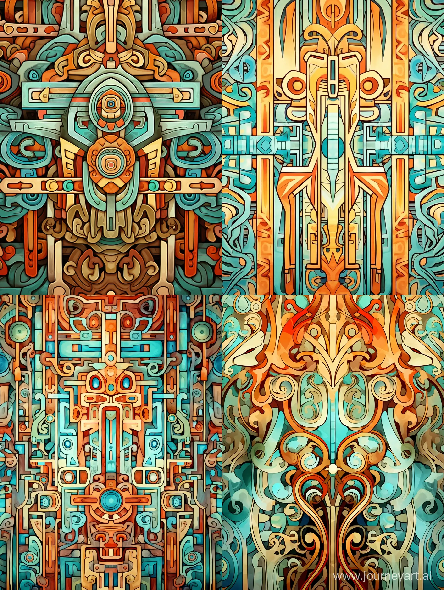 Design with an ornament of ancient civilizations BC, complex pattern, colors red, brown, orange, blue, green, yellow, ochre, on a turquoise background, stylized, Victor Ngai style, watercolor, decorative, flat drawing