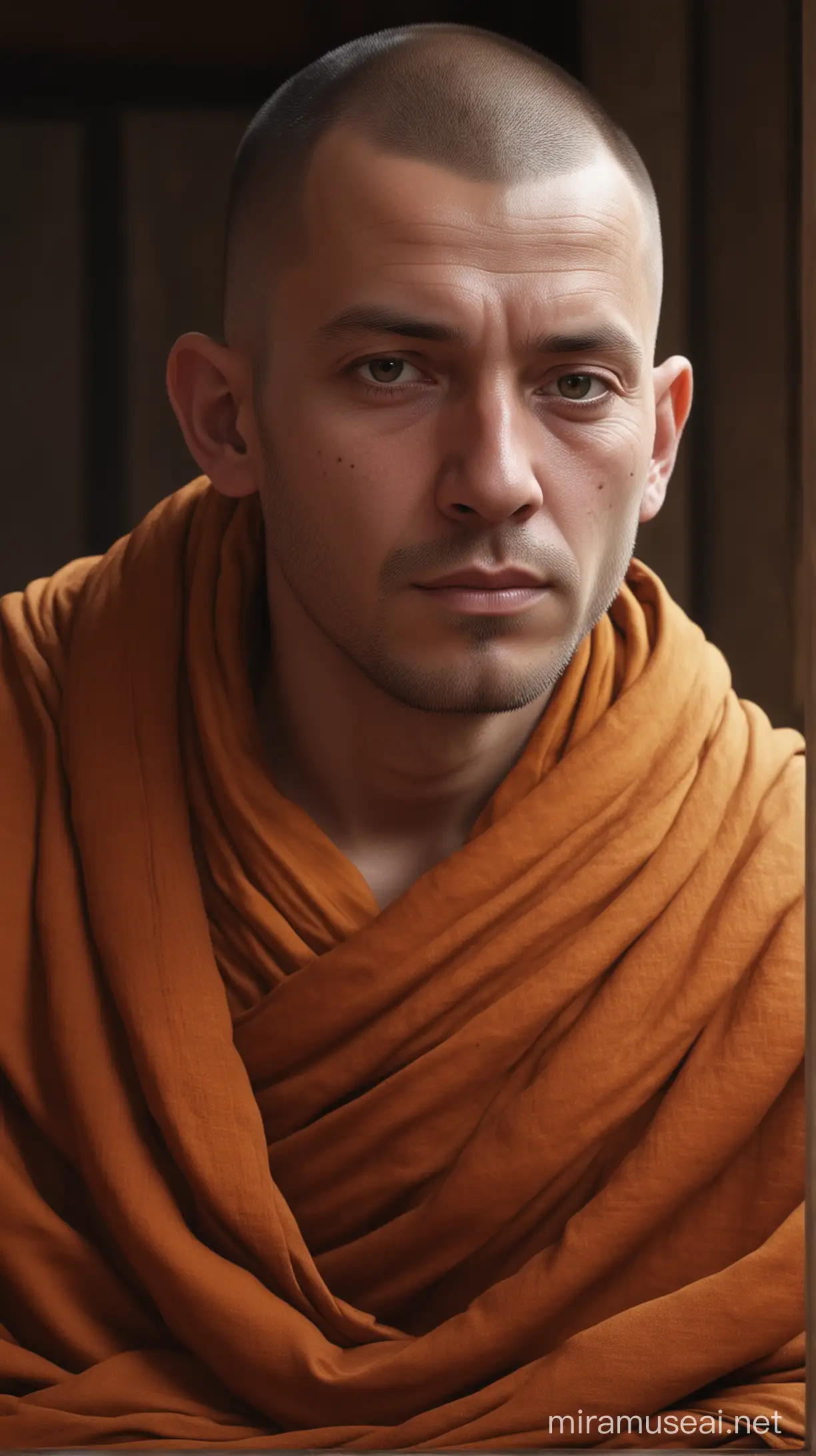 A monk in a cozy setting, looking directly at the viewer, close up , ultra realism
