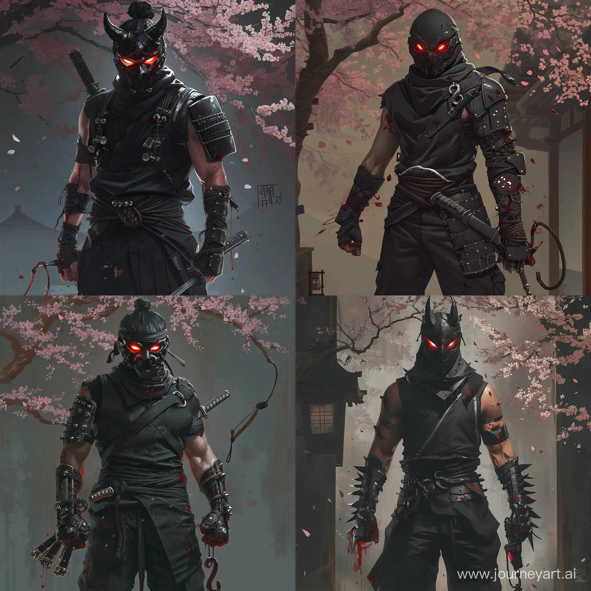 a MAN wearing a Sleek black shinobi shozoku with silver trim, Leather forearm guards with hidden blades, An oni shaped masked with glowing red eyes, Dark trousers and tabi boots for agile movement, A grappling hook attached to the waist wielding Leather gauntlets with built-in retractable kunai blades, japanese cherry blossom tree in the background, 1990's pixel art detailed, 1970 dark fantasy style, souls borne style, dark lighting, gritty, edgy, blood on weapon