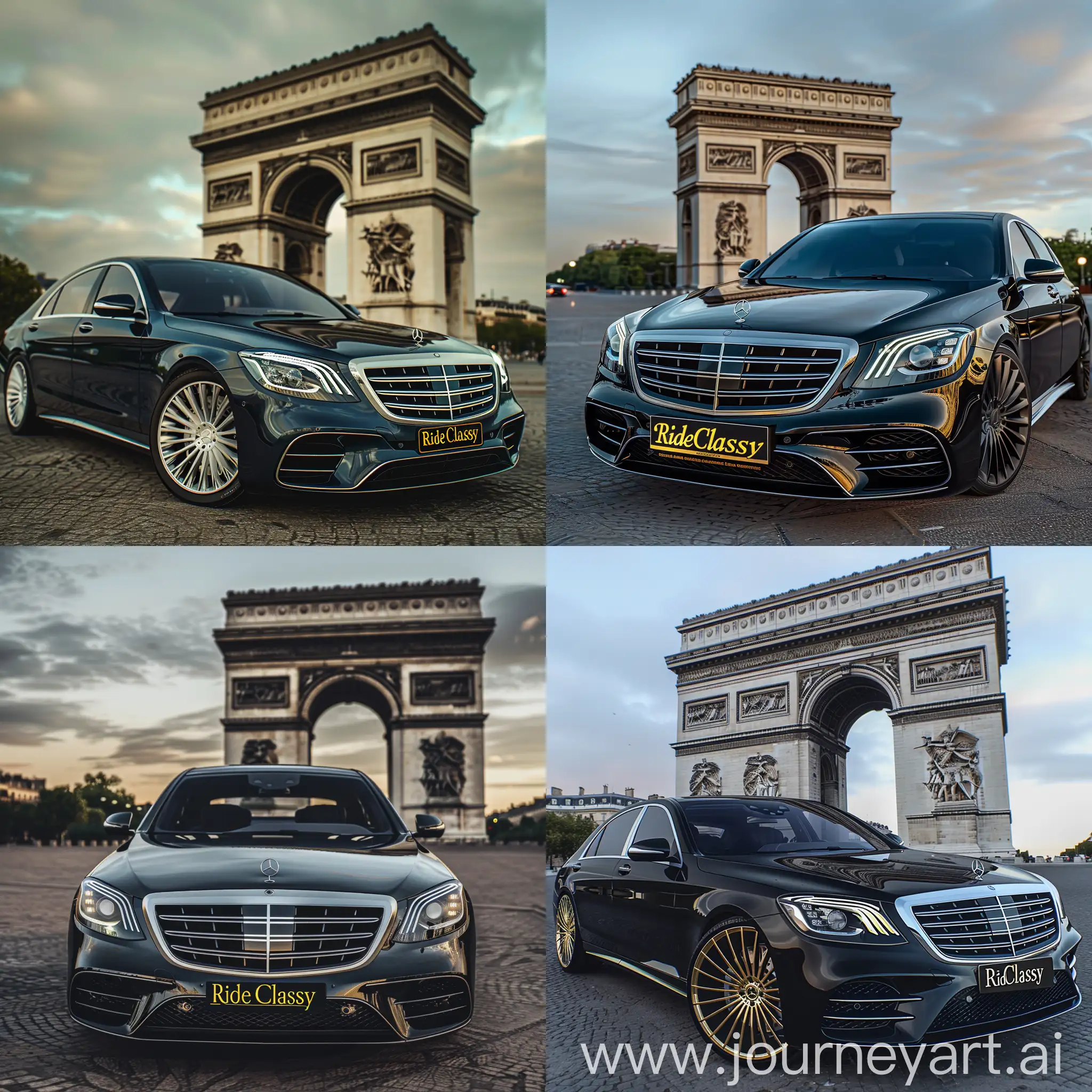 Photorealistic 4K image or a Black S-Class parked in front of Arc de Triomf, the S-Class should the Number plate: “RideClassy” in gold preferably 