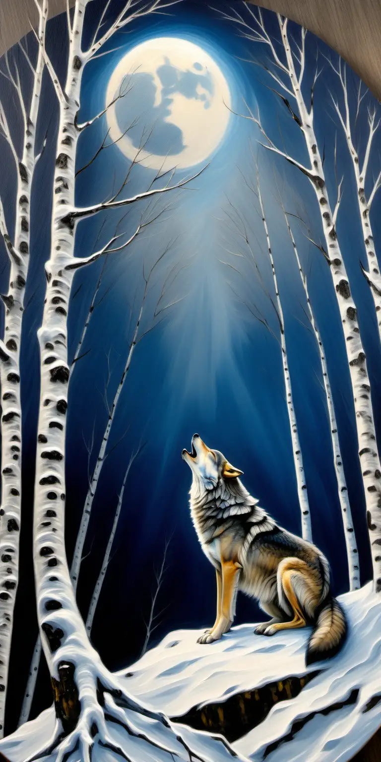 Majestic Wolf Howling at Blue Moon in Birch Tree Forest