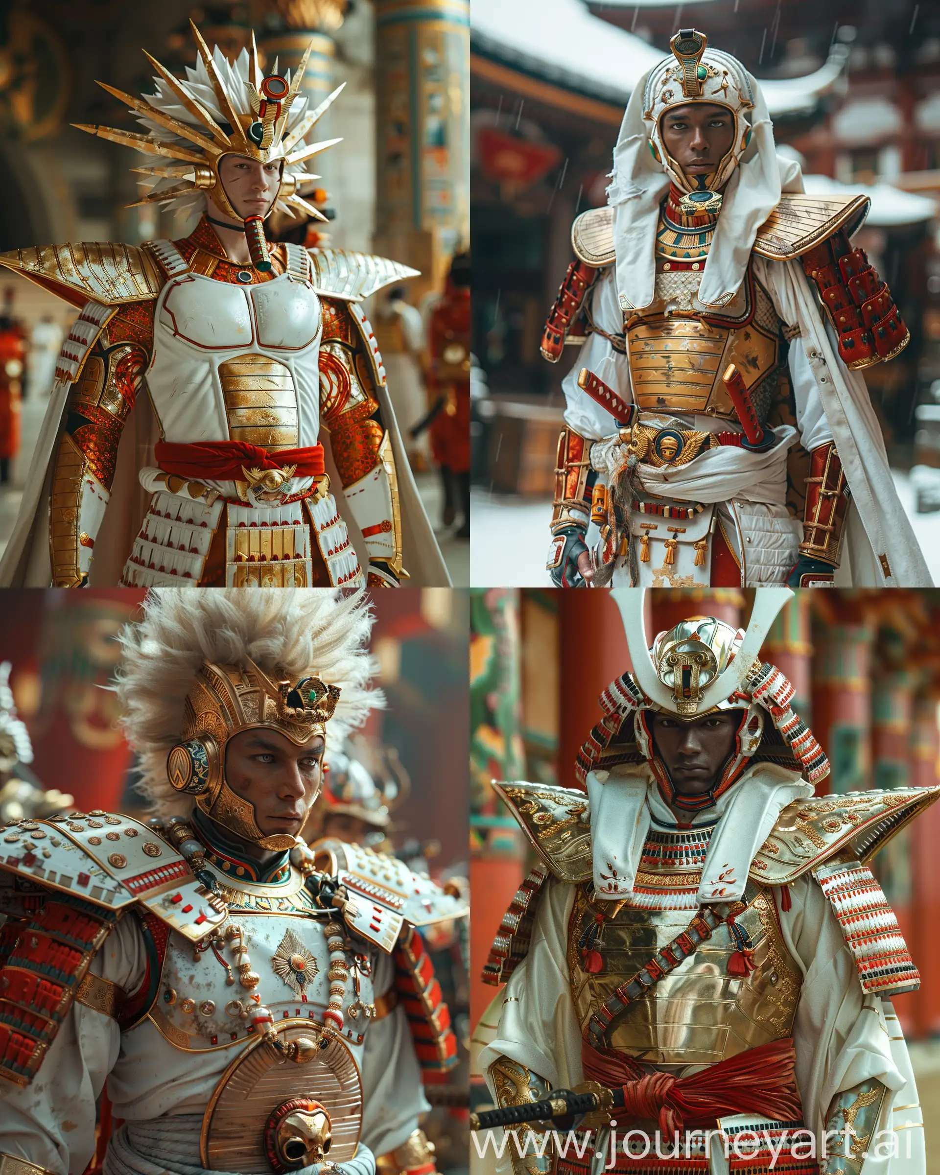 there is a ancient Egyptian man god Goku from dragon ball world in a white and gold high luxury samurai suit holding a sowrd ,Depth of field, powerful male samurai, inspired by Kanō Hōgai, samurai style, dressed in samurai armour, high-tech red armor, wearing techwear and armor, segmented armor and sashimono, very beautiful cyberpunk ancient Egyptian samurai, chinese armor, man in red armor, japanese warrior, wearing japanese techwear --v 6.0 --ar 4:5 --s 750