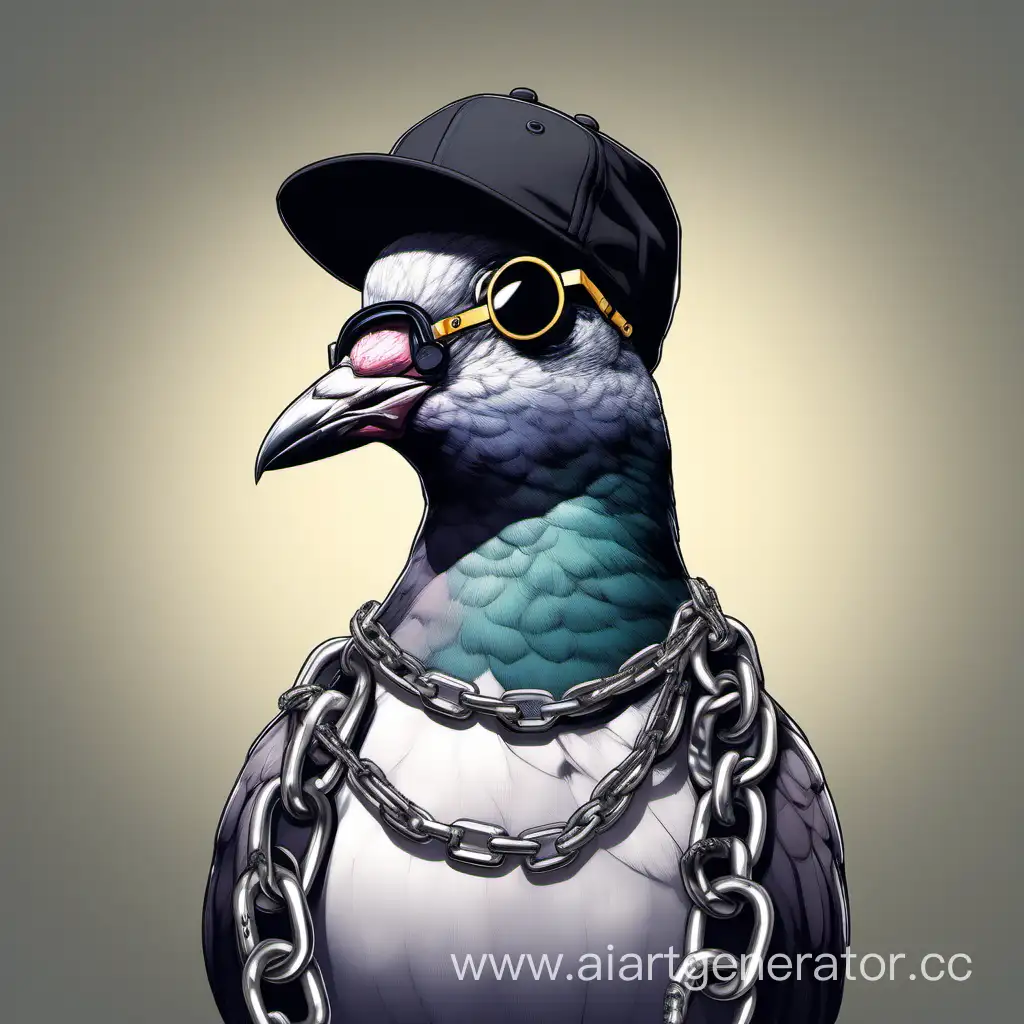 MC голубь с черными очками с цепями на шее и в кепке