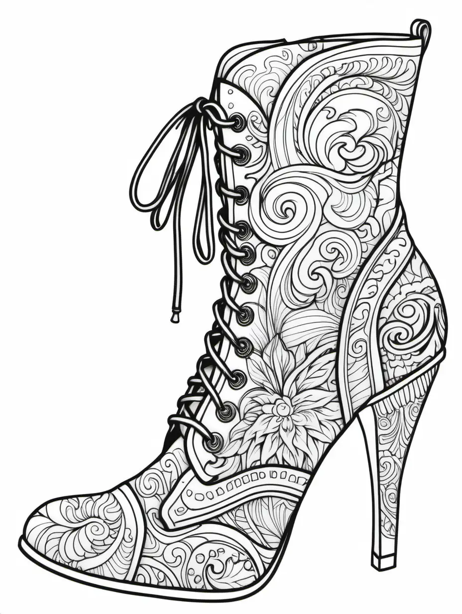 adult coloring book, fancy, high heal boots,  no shading
