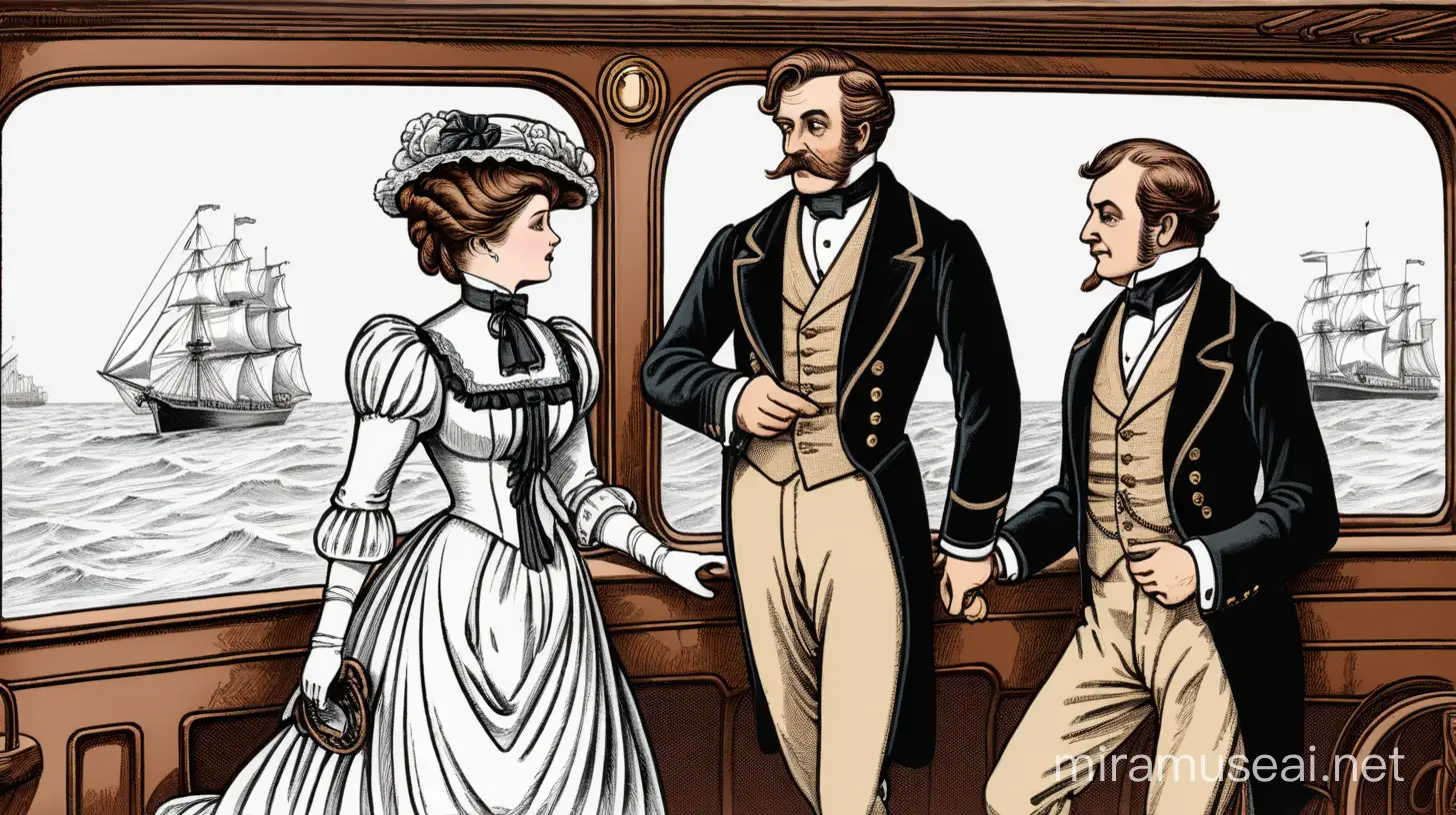Two man and a woman passenger on a ship in Victorian era cloth. Please make the image cartoon type.