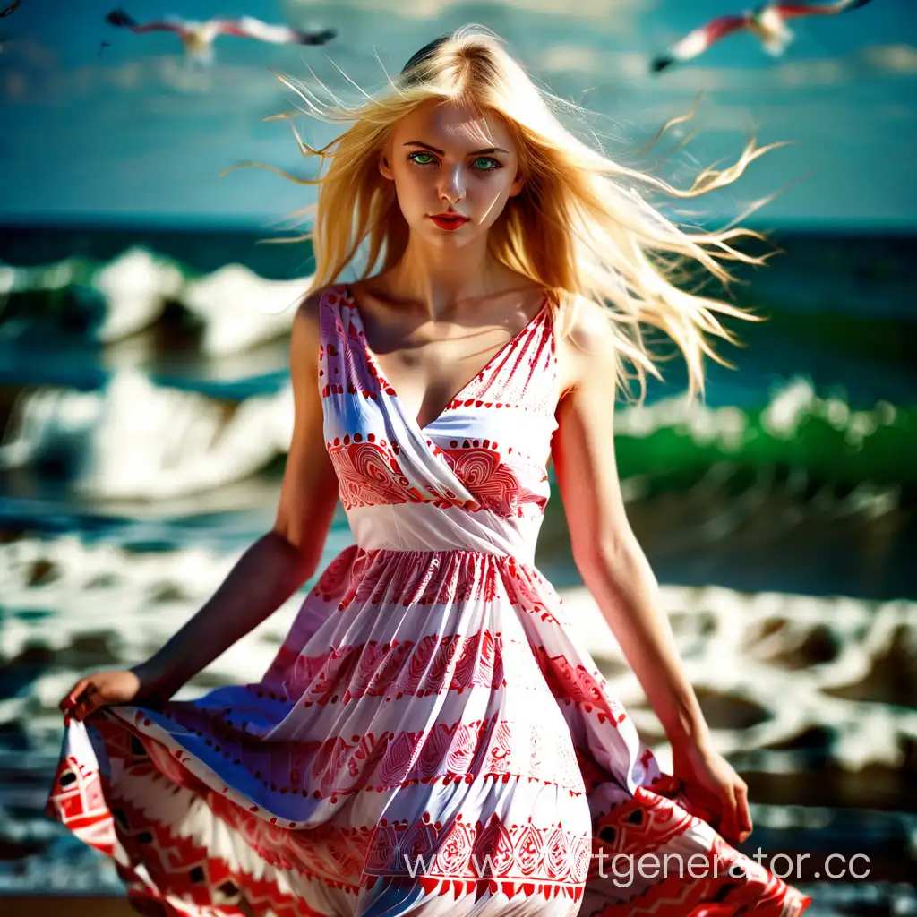 Russian-Blonde-Woman-in-Red-and-White-Dress-Posing-on-Empty-Beach