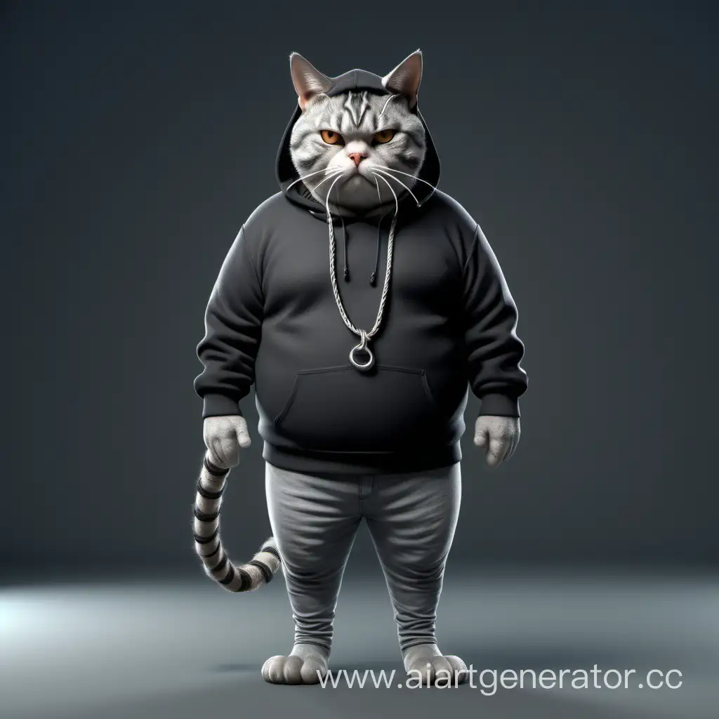 Anthropomorphic overweight gray tabby male cat, 30-40 years old, wearing a black hoodie with a noose around its neck, sad expression, standing with hands at sides, human-like face with cat ears, no hands or feet visible, only bust, 3D render, photorealistic, high quality, octane render