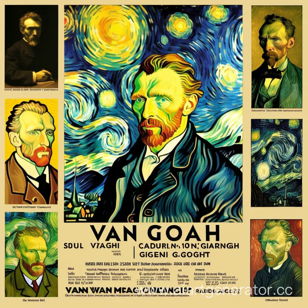 Advertising poster of several works and a self-portrait of Van Gogh with text and so on