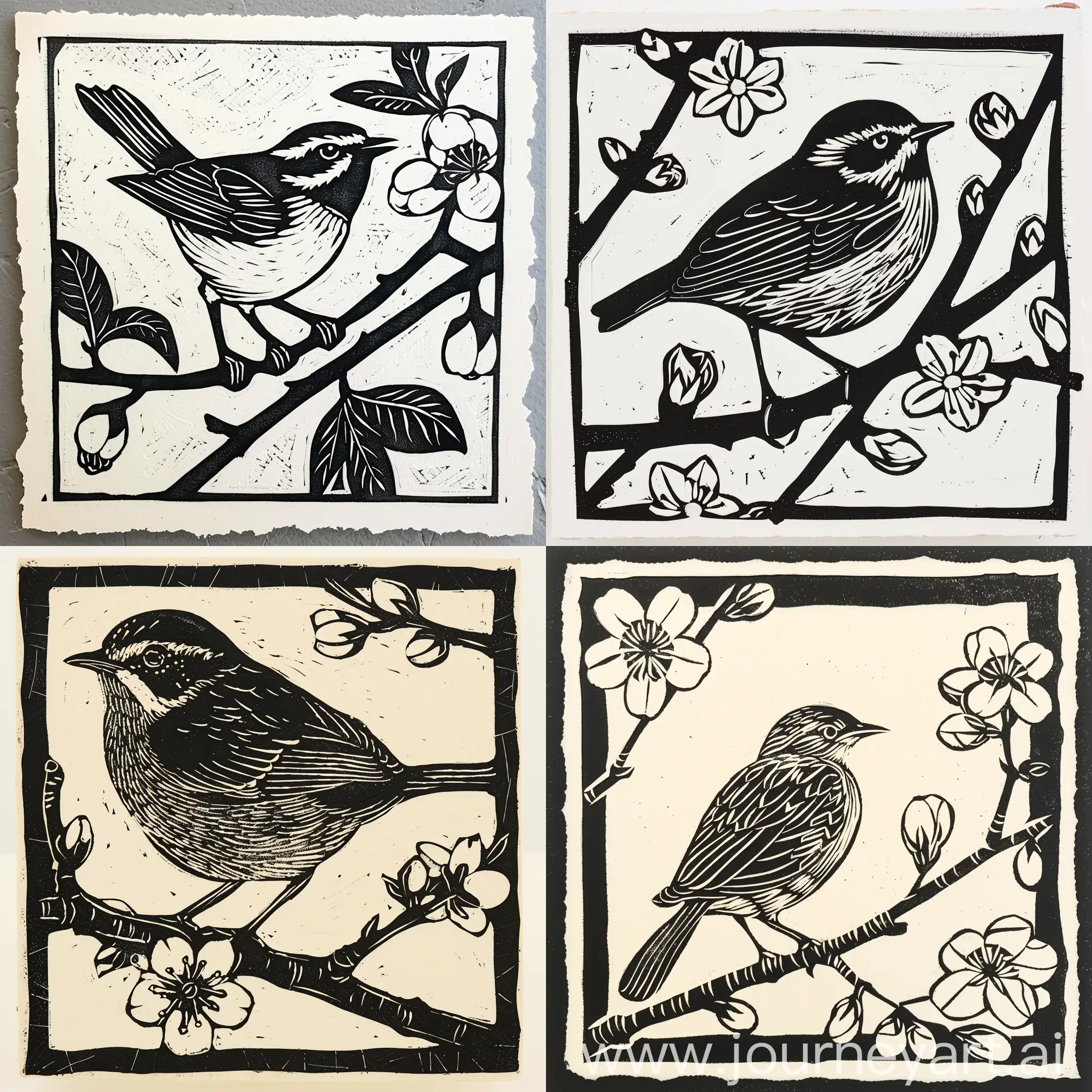 Linocut Block Print Minimalism, bird and blossoms