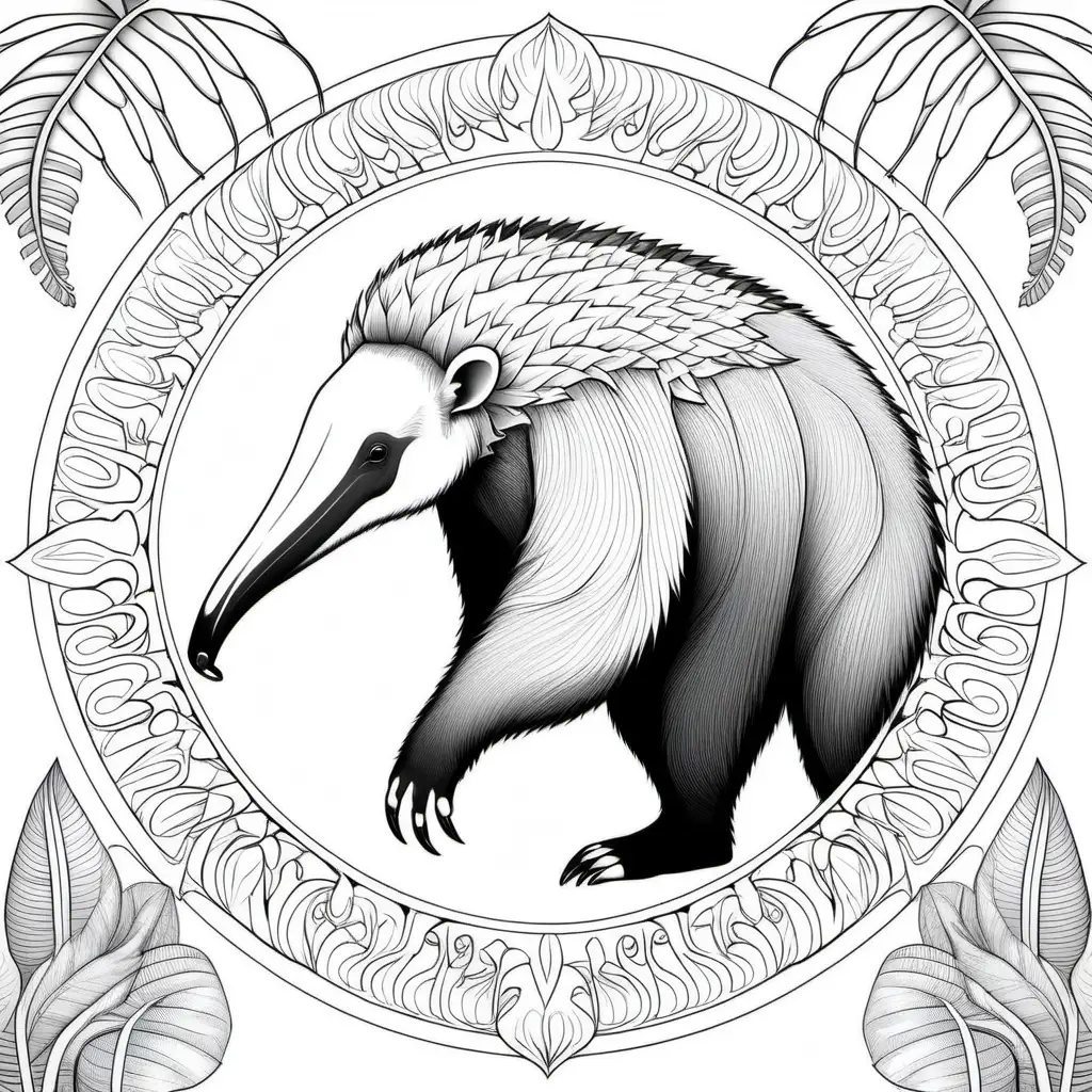 coloring page for adults, mandala, jungle image (giant anteater), white background, clean line art, fine line art--HD--AR 2:3