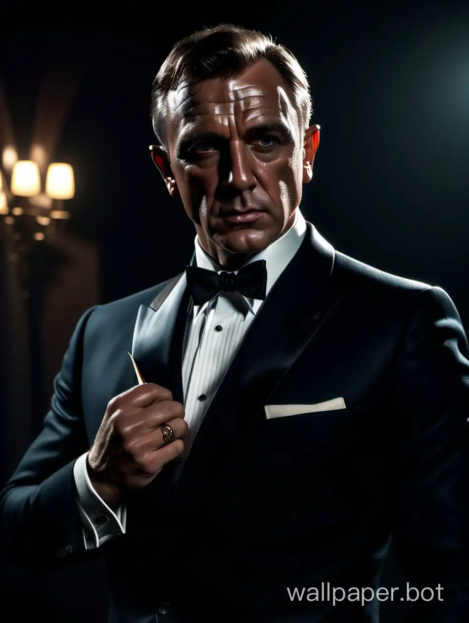 James Bond 007 in the style of the godfather (best quality,4k,8k,highres,masterpiece:1.2),ultra-detailed,(realistic,photorealistic,photo-realistic:1.37),portraits,Vintage Film Noir Style,dark and mysterious colors,studio lighting