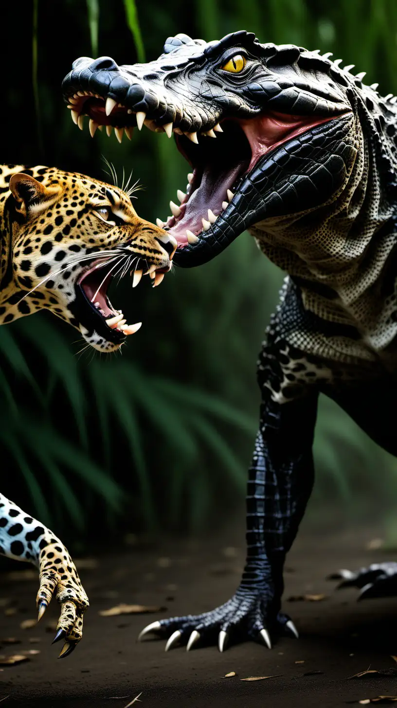 Genera una imagen donde un caimán negro, de aspecto terrorífico, está detrás de un leopardo igualmente terrorífico. El caimán debe estar en el lado izquierdo de la imagen, mirando hacia la derecha, con la boca abierta y los dientes expuestos. El leopardo debe estar en el lado derecho de la imagen, mirando hacia la izquierda, con los ojos fijos en el caimán y las garras listas para atacar. Ambos animales deben estar en una posición de perfil, mostrando sus cuerpos completos y no solo las cabezas. La imagen debe ser en la selva con muy poca luz y sombrío, con una atmósfera de tensión y peligro.