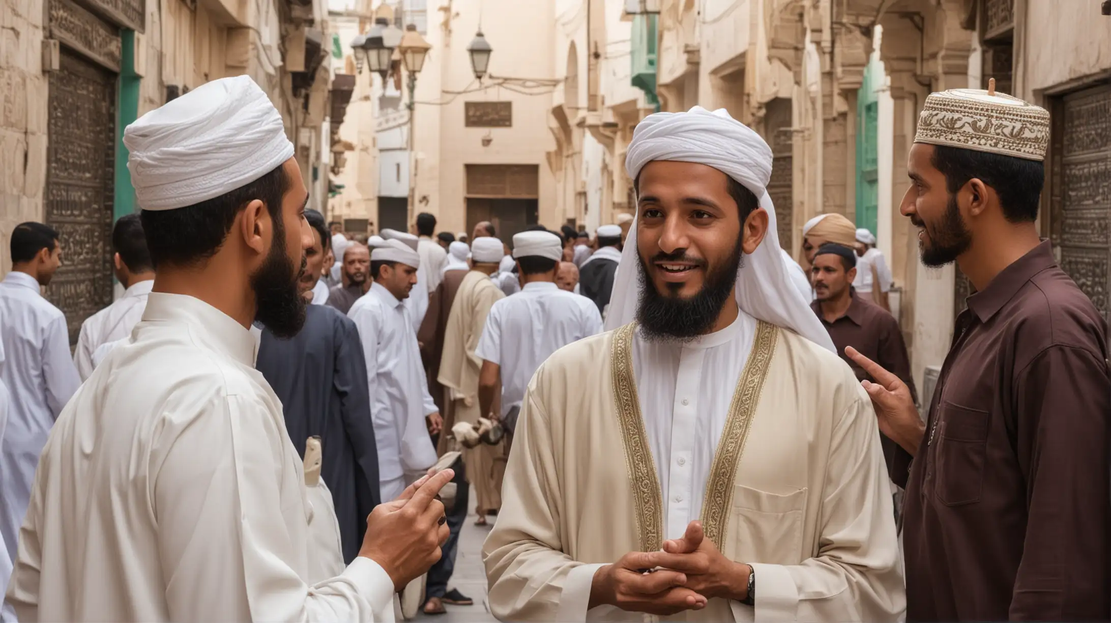 Muslim man talking with other Muslim  in medina
