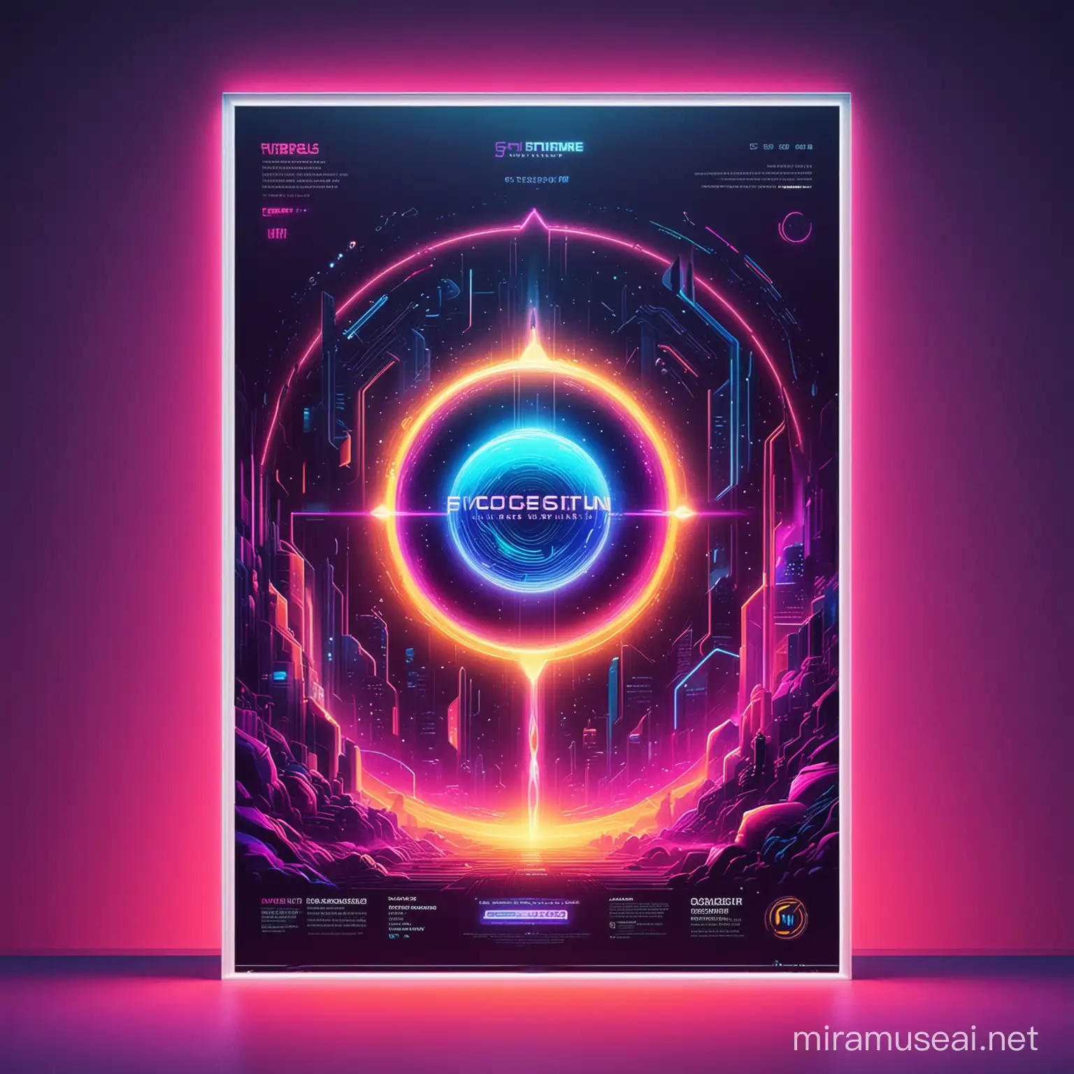 Generate a futuristic and vibrant poster with neon colors representing the launch of my portfolio website on my own domain with HTTPS security. The poster should exude excitement and innovation, showcasing a digital landscape or abstract futuristic elements. Avoid including any text in the image. The style should be dynamic and eye-catching, suitable for sharing on social media platforms like Instagram.