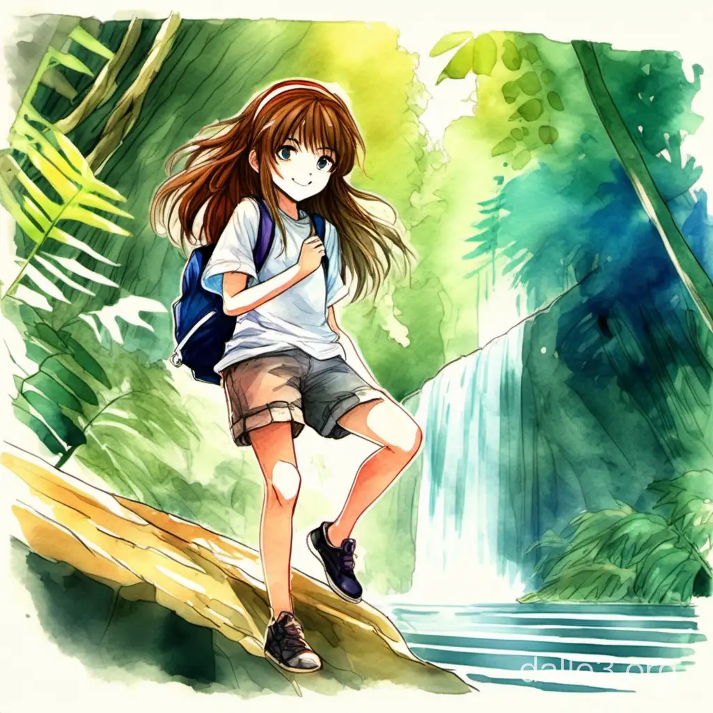 12 YEAR OLD ANIME GIRL WITH BROWN MESSY HAIR PLAYING ON CASCADING RIVER UNDER SHADED AREA IN COLORFUL  RAINFOREST WHILE SMILING AT VIEWER. WATERCOLORED STYLE