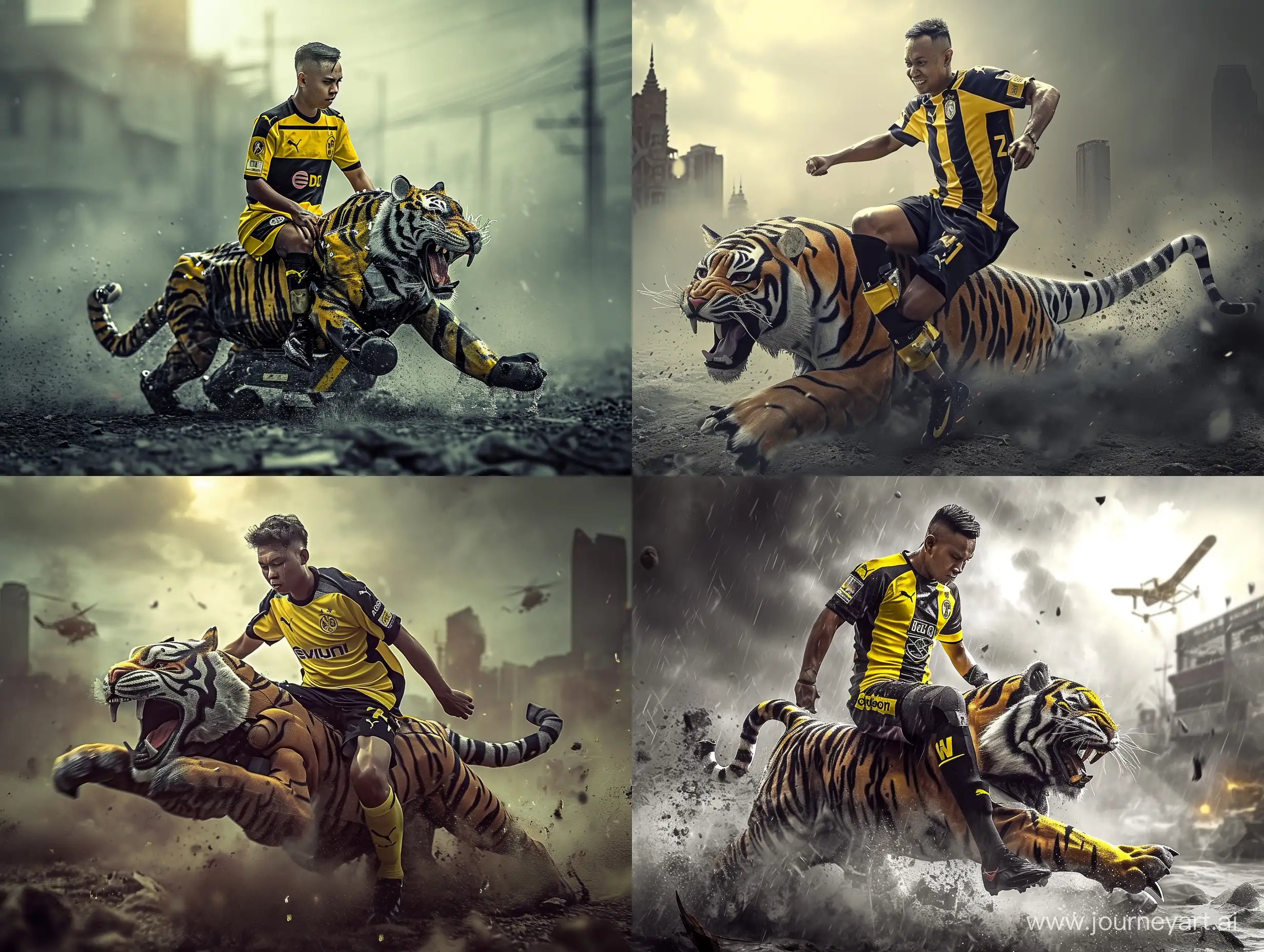ultra realistic, Malaysia footballer, yellow and black jersey,  ride a tiger robot, war background, canon eos-id x mark iii dslr --v 6.0
