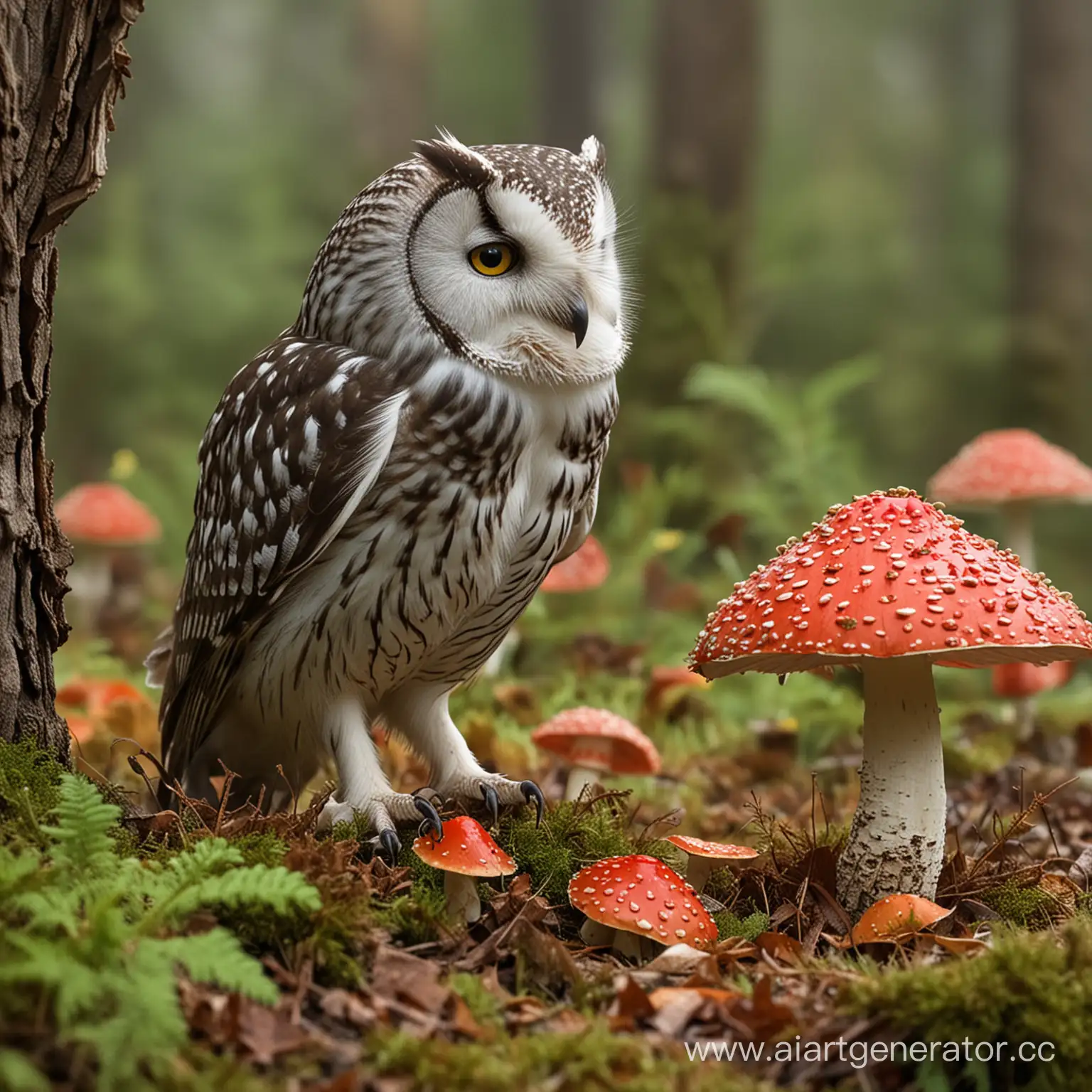 Owls-Feeding-on-Fly-Agaric-Mushrooms-in-the-Forest