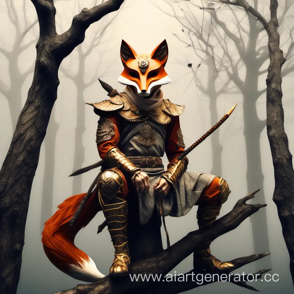 воин в маске лисы сидит на ветке дерева